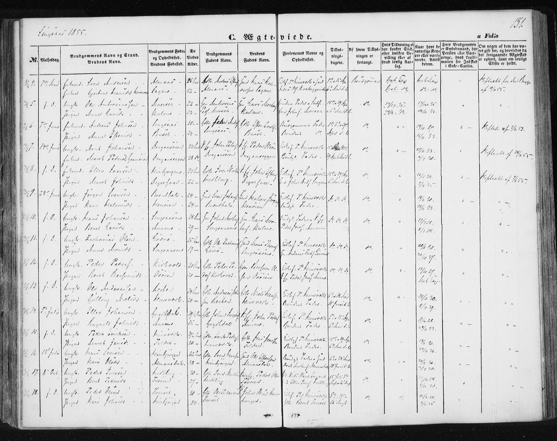 Ministerialprotokoller, klokkerbøker og fødselsregistre - Sør-Trøndelag, AV/SAT-A-1456/685/L0964: Parish register (official) no. 685A06 /2, 1846-1859, p. 151