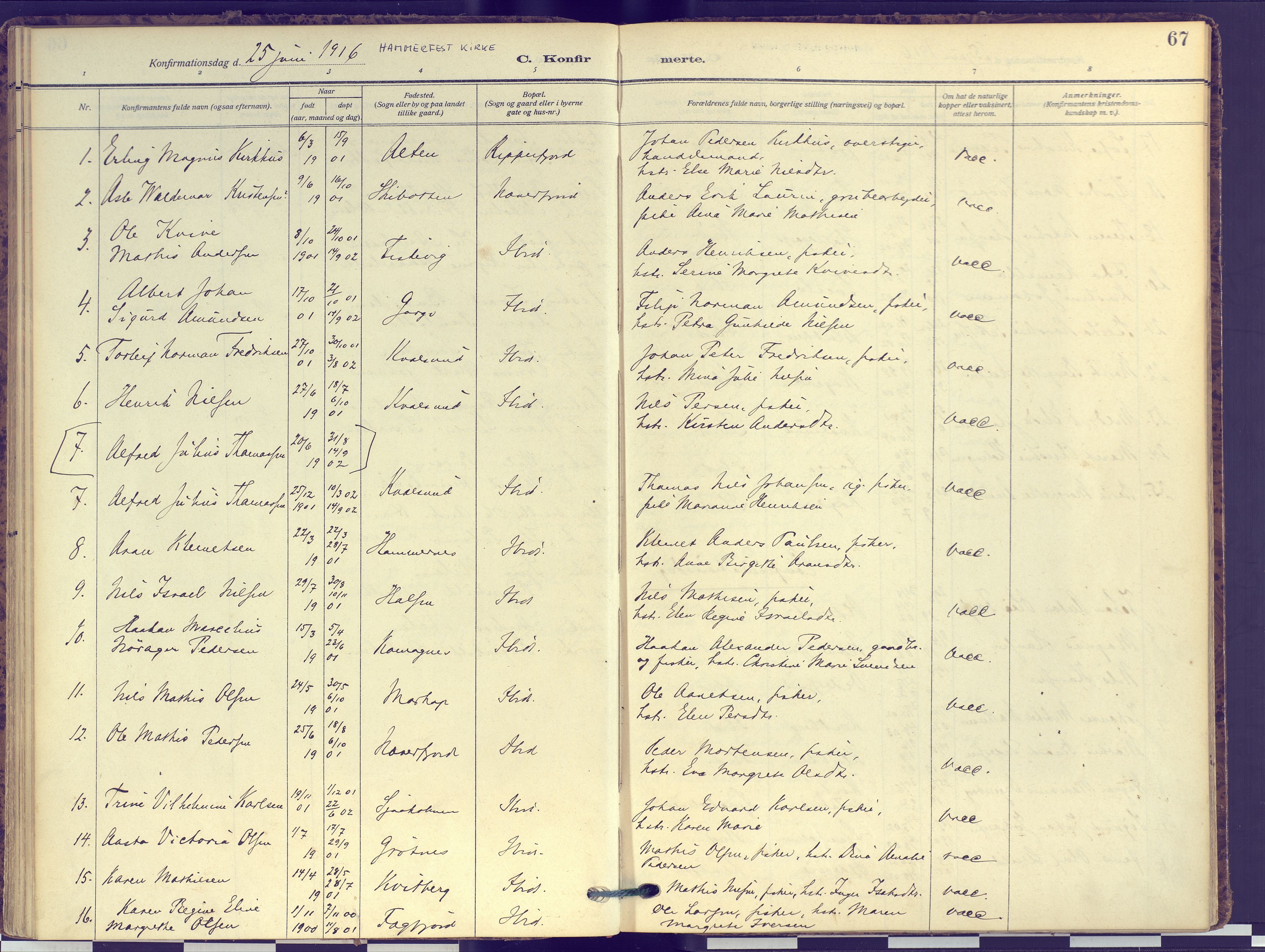 Hammerfest sokneprestkontor, SATØ/S-1347: Parish register (official) no. 16, 1908-1923, p. 67