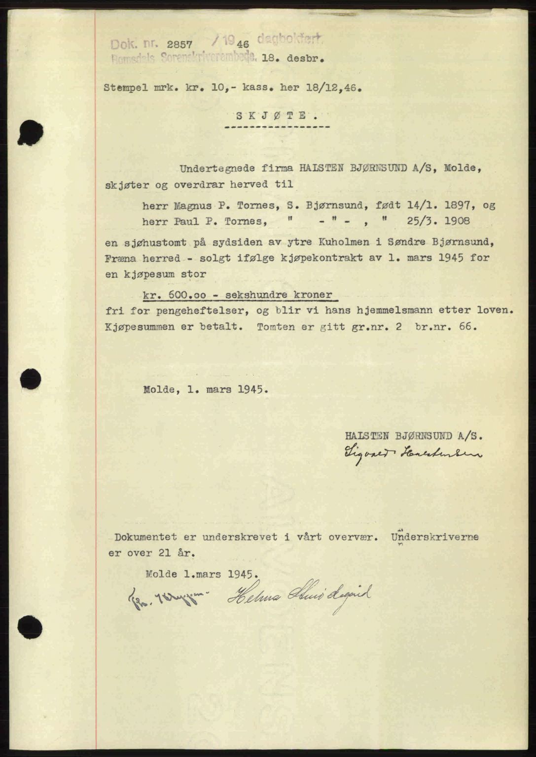 Romsdal sorenskriveri, AV/SAT-A-4149/1/2/2C: Mortgage book no. A21, 1946-1946, Diary no: : 2857/1946