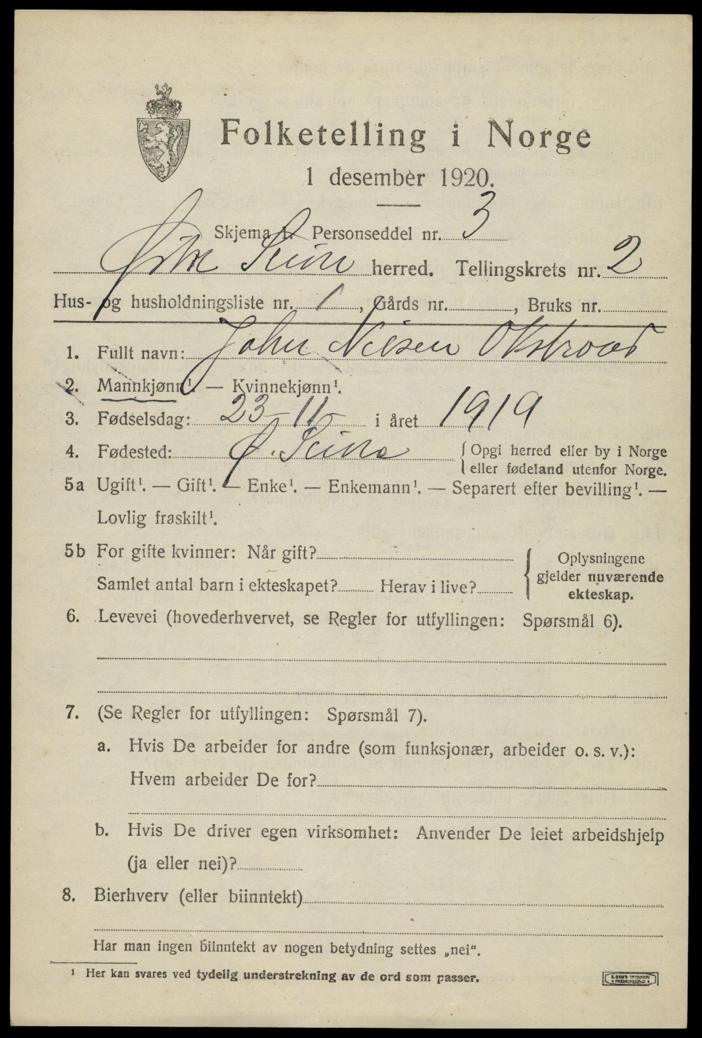 SAH, 1920 census for Øystre Slidre, 1920, p. 1427