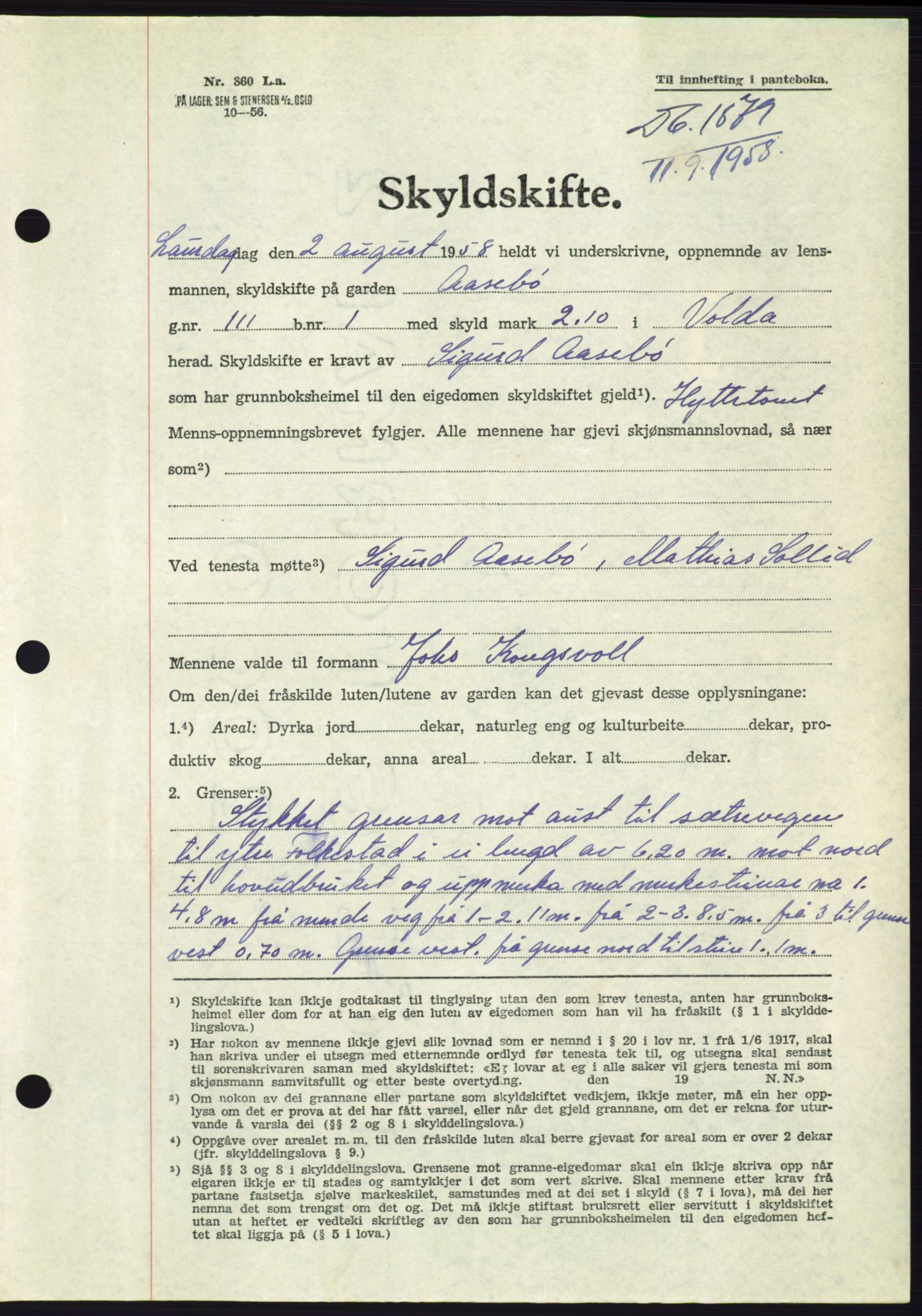 Søre Sunnmøre sorenskriveri, AV/SAT-A-4122/1/2/2C/L0110: Mortgage book no. 36A, 1958-1958, Diary no: : 1879/1958