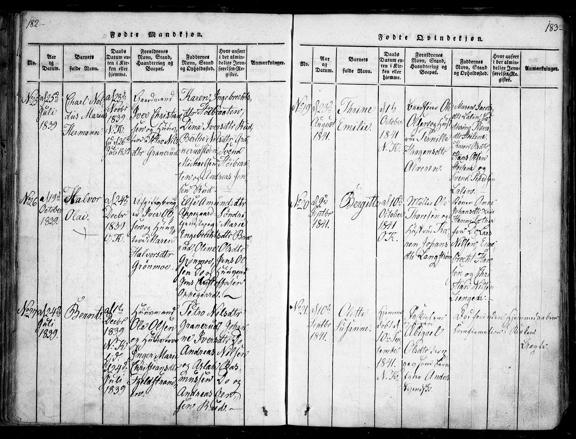 Nesodden prestekontor Kirkebøker, AV/SAO-A-10013/F/Fa/L0006: Parish register (official) no. I 6, 1814-1847, p. 182-183