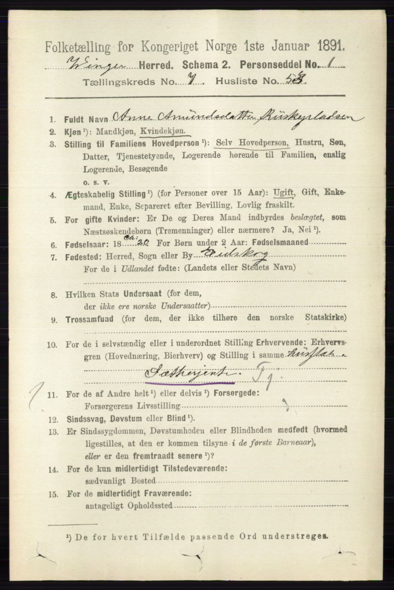 RA, 1891 census for 0421 Vinger, 1891, p. 3518