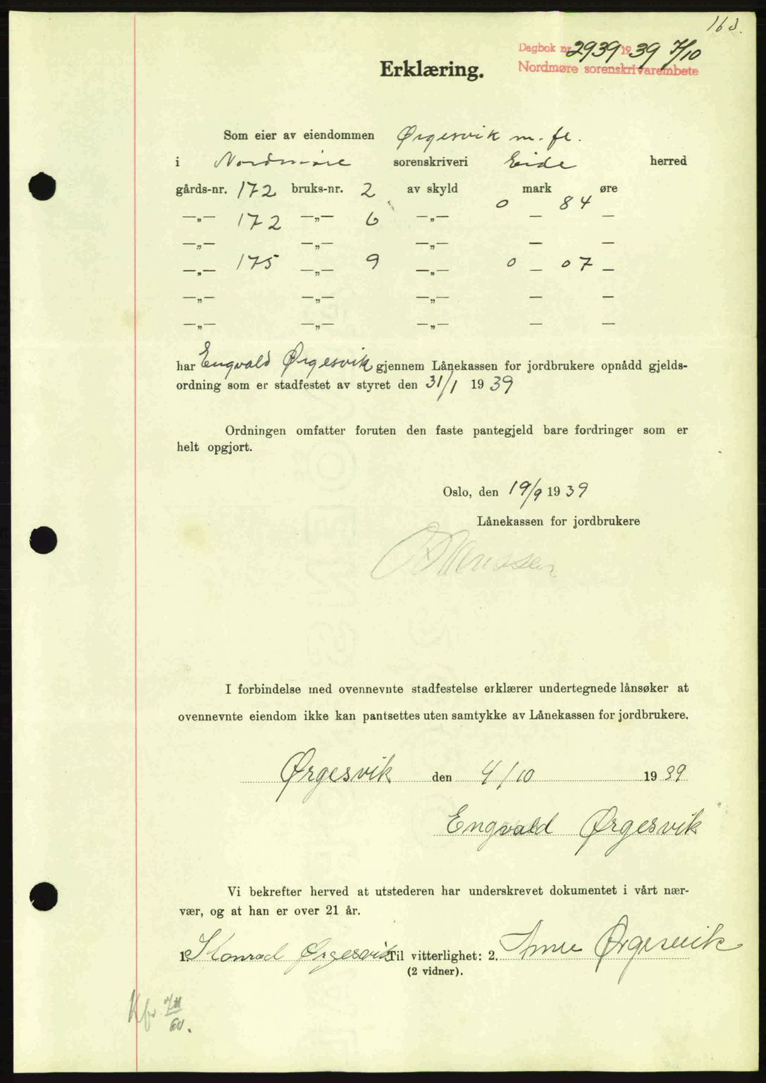 Nordmøre sorenskriveri, AV/SAT-A-4132/1/2/2Ca: Mortgage book no. B86, 1939-1940, Diary no: : 2939/1939