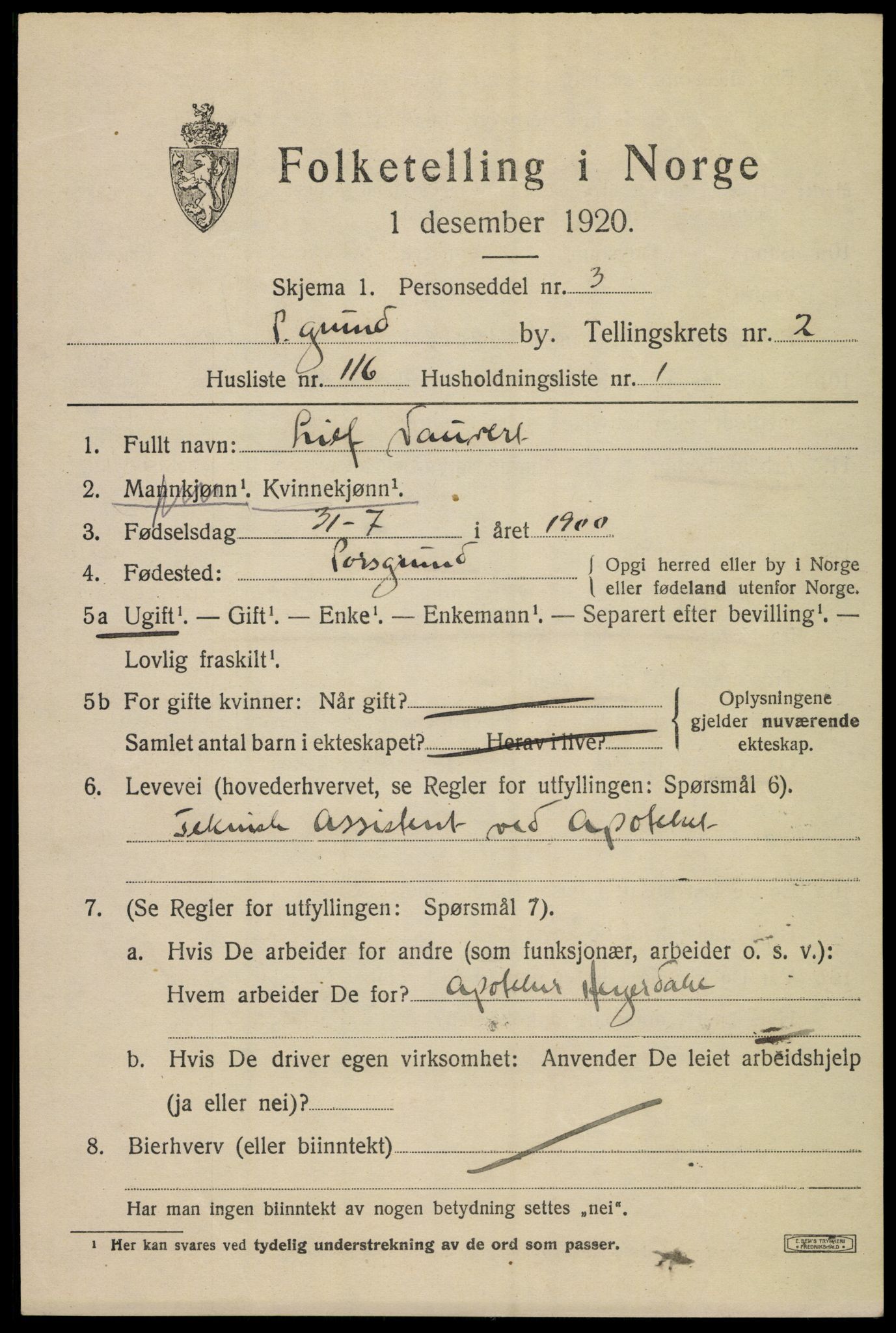 SAKO, 1920 census for Porsgrunn, 1920, p. 12057