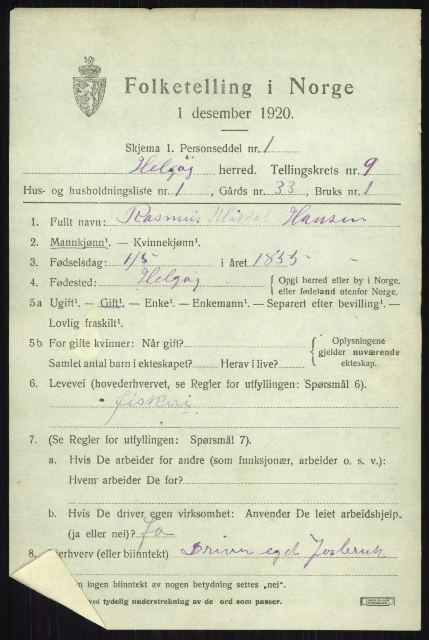 SATØ, 1920 census for Helgøy, 1920, p. 3209