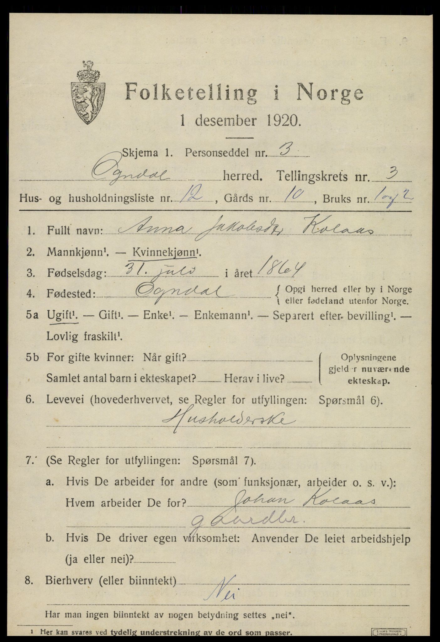 SAT, 1920 census for Ogndal, 1920, p. 1327