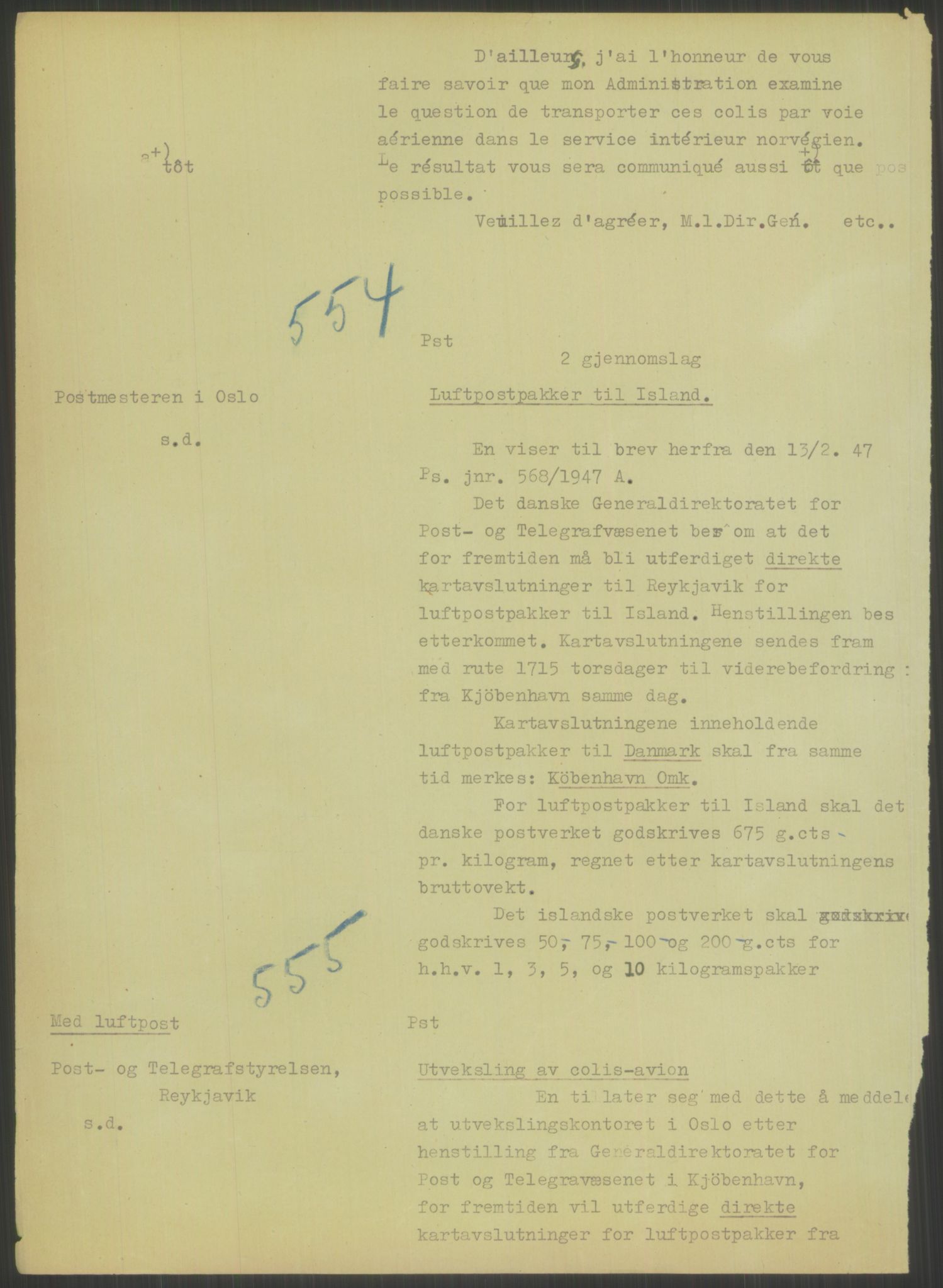 Postdirektoratet, Administrasjonsservice (TSA), AV/RA-S-4783/D/L0095/0002: De forskjellige tjenestegrener / Luftpakkepost, 1947-1965, p. 476