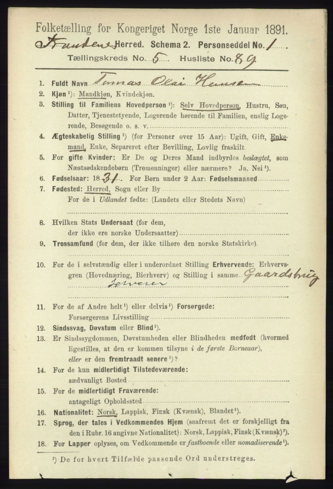 RA, 1891 census for 1914 Trondenes, 1891, p. 3488