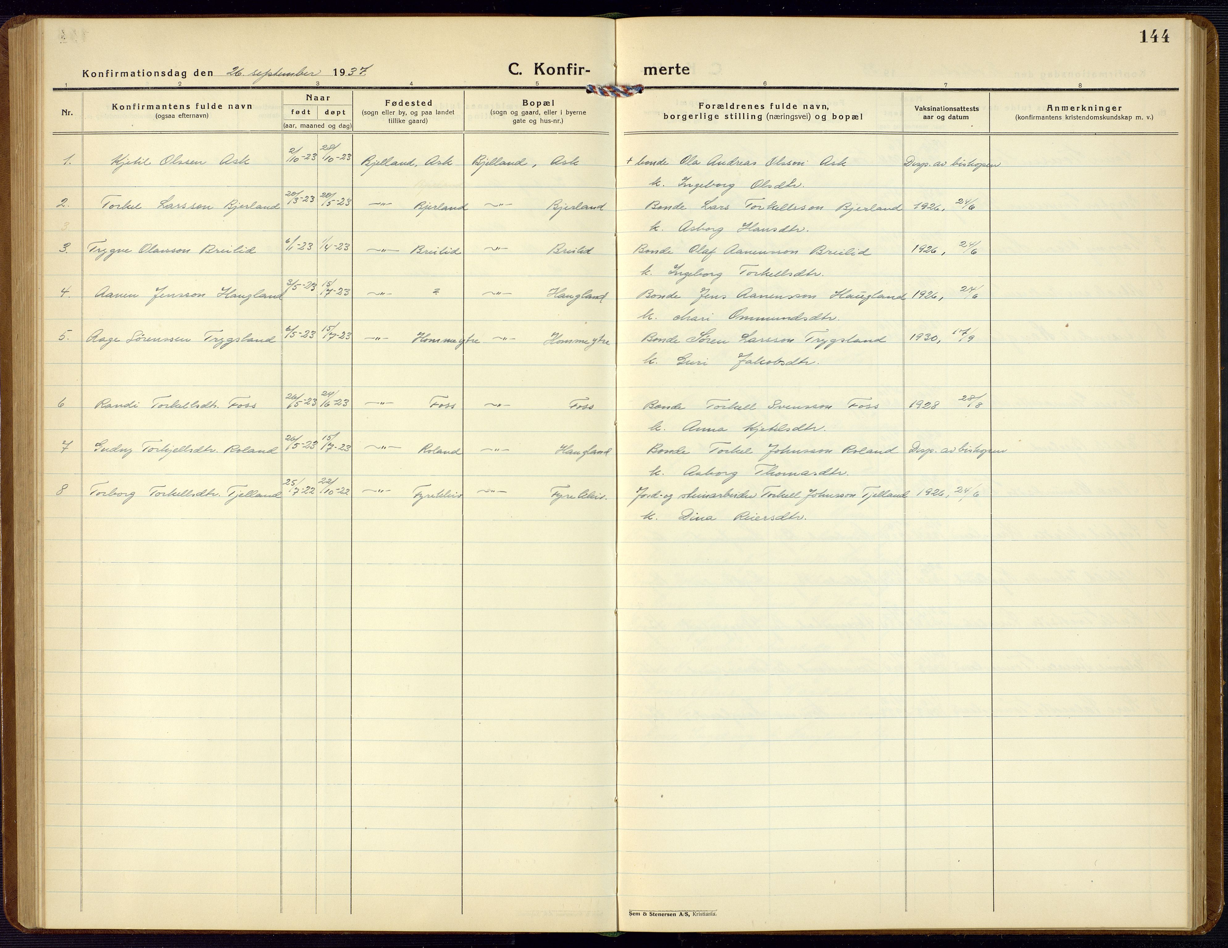 Bjelland sokneprestkontor, SAK/1111-0005/F/Fb/Fba/L0006: Parish register (copy) no. B 6, 1923-1956, p. 144