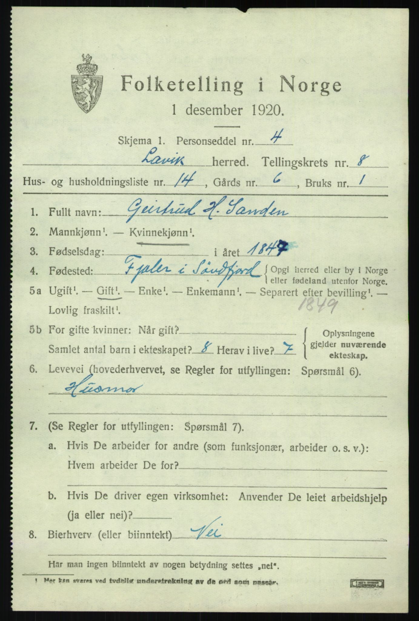 SAB, 1920 census for Lavik, 1920, p. 1904