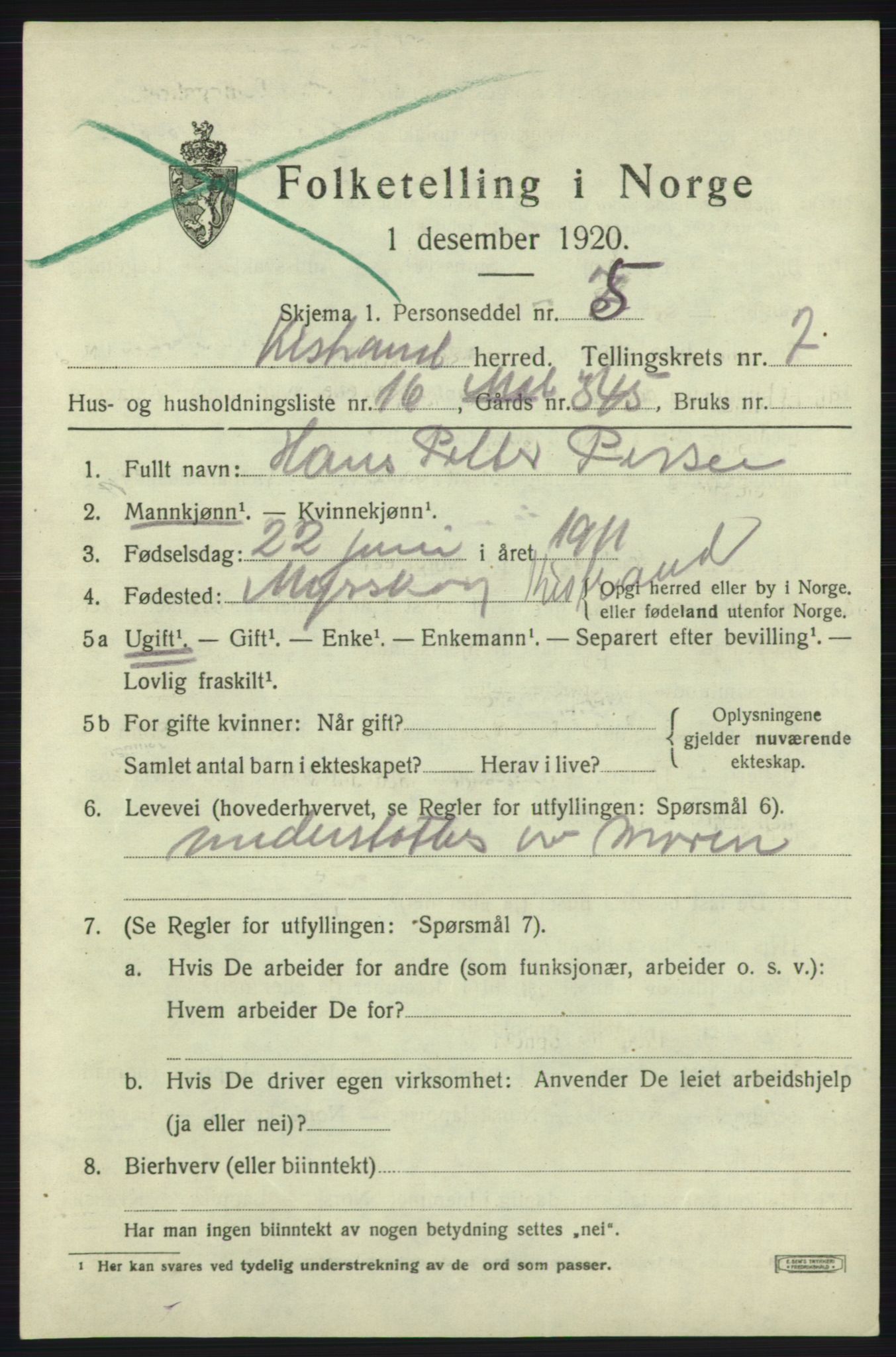 SATØ, 1920 census for Kistrand, 1920, p. 4420
