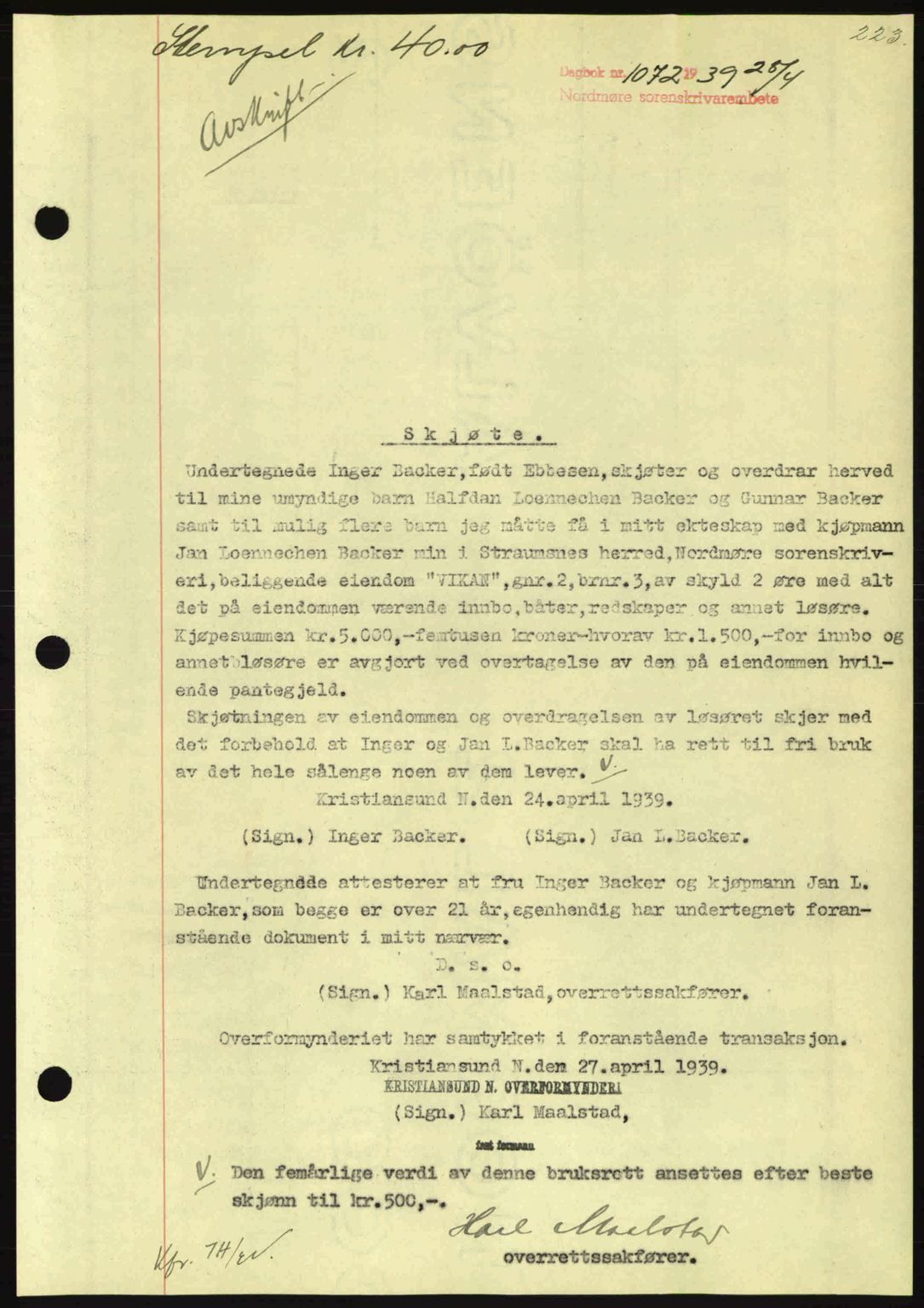 Nordmøre sorenskriveri, AV/SAT-A-4132/1/2/2Ca: Mortgage book no. A86, 1939-1939, Diary no: : 1072/1939