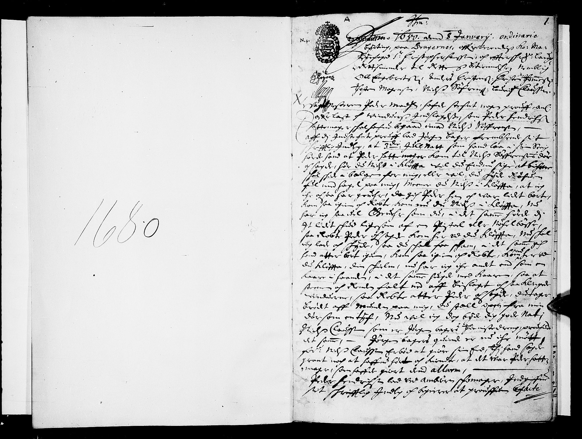 Drammen byfogd, AV/SAKO-A-222/F/Fa/L0012: Tingbok for Bragernes, 1680, p. 1