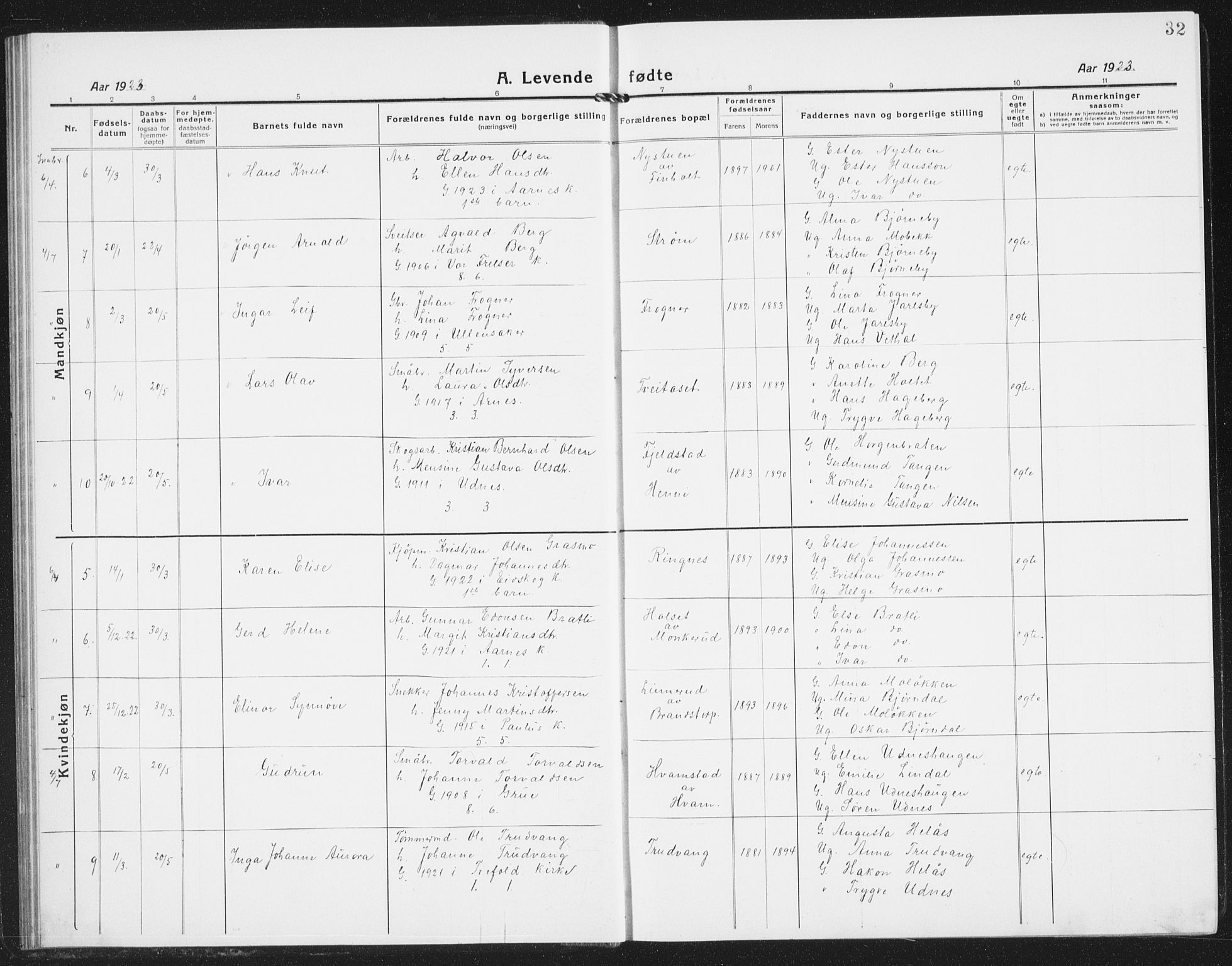 Nes prestekontor Kirkebøker, AV/SAO-A-10410/G/Gb/L0002: Parish register (copy) no. II 2, 1918-1942, p. 32