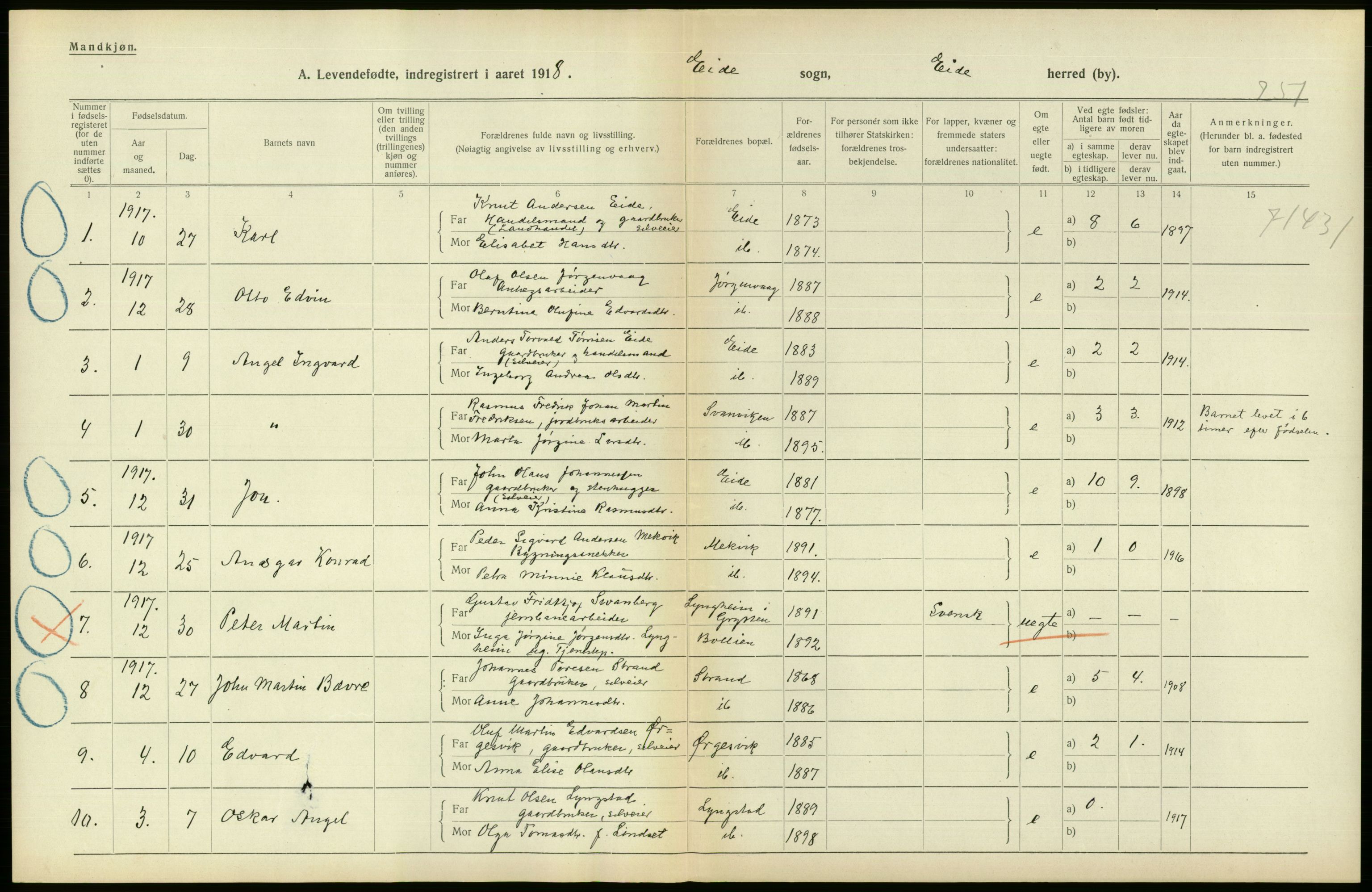 Statistisk sentralbyrå, Sosiodemografiske emner, Befolkning, RA/S-2228/D/Df/Dfb/Dfbh/L0043: Møre fylke: Levendefødte menn og kvinner. Bygder., 1918, p. 412