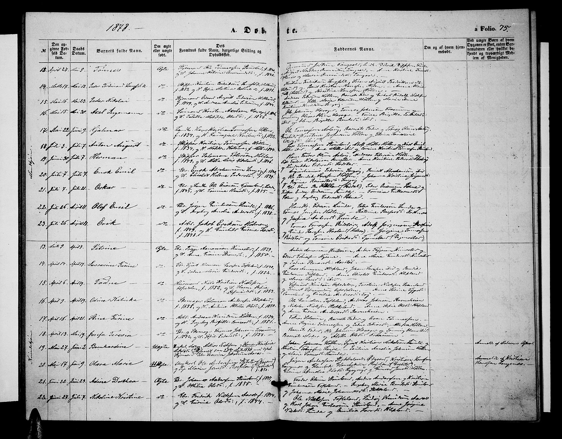 Søgne sokneprestkontor, SAK/1111-0037/F/Fb/Fbb/L0004: Parish register (copy) no. B 4, 1864-1883, p. 75