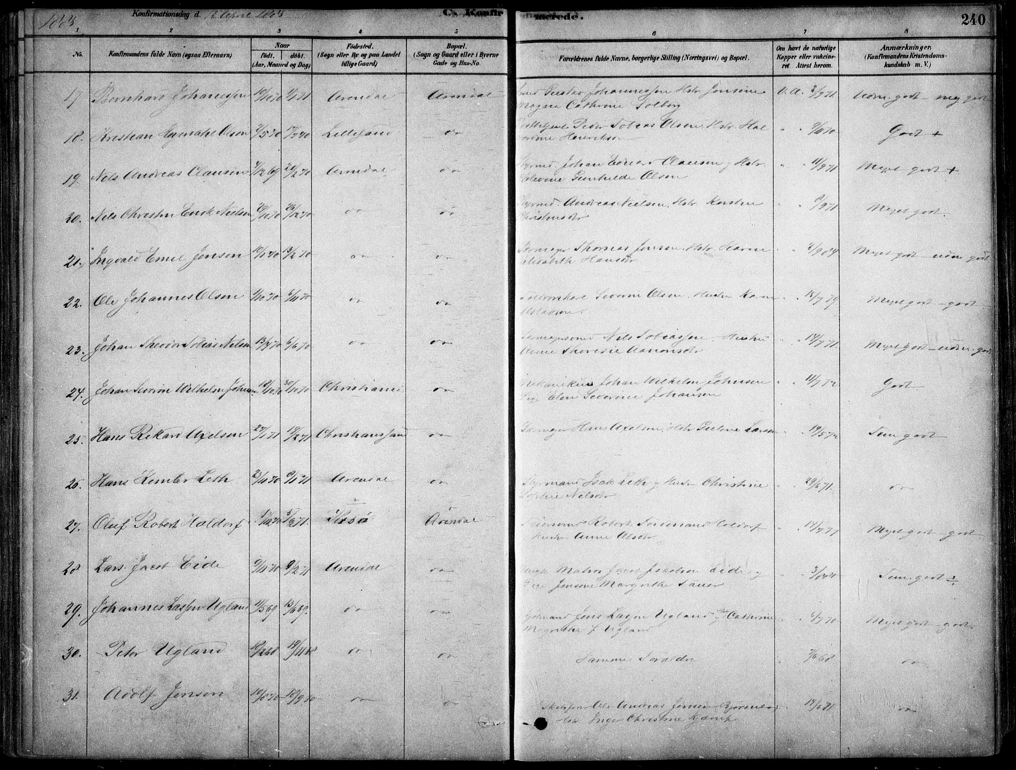 Arendal sokneprestkontor, Trefoldighet, AV/SAK-1111-0040/F/Fa/L0008: Parish register (official) no. A 8, 1878-1899, p. 240