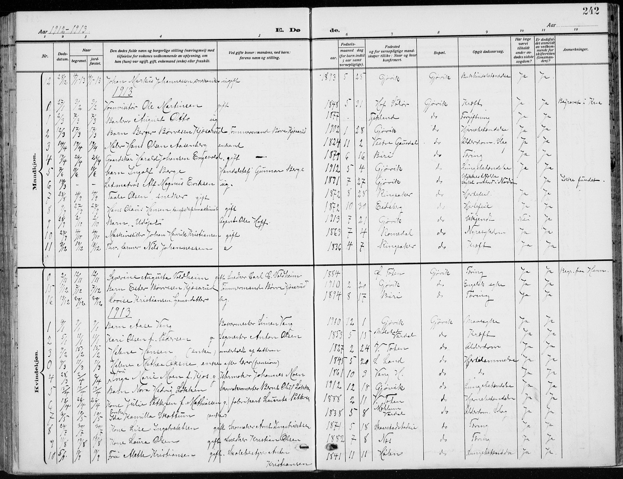 Vardal prestekontor, SAH/PREST-100/H/Ha/Haa/L0014: Parish register (official) no. 14, 1912-1922, p. 242