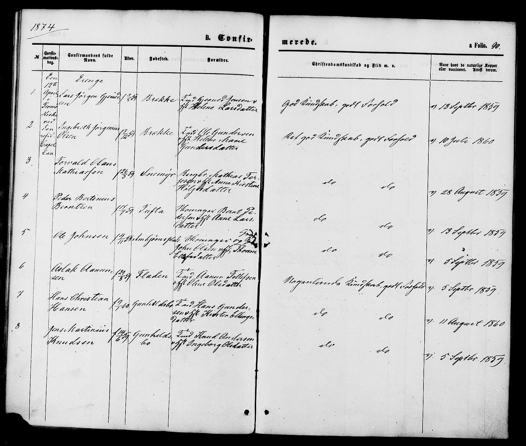 Austre Moland sokneprestkontor, SAK/1111-0001/F/Fa/Faa/L0009: Parish register (official) no. A 9, 1869-1879, p. 90