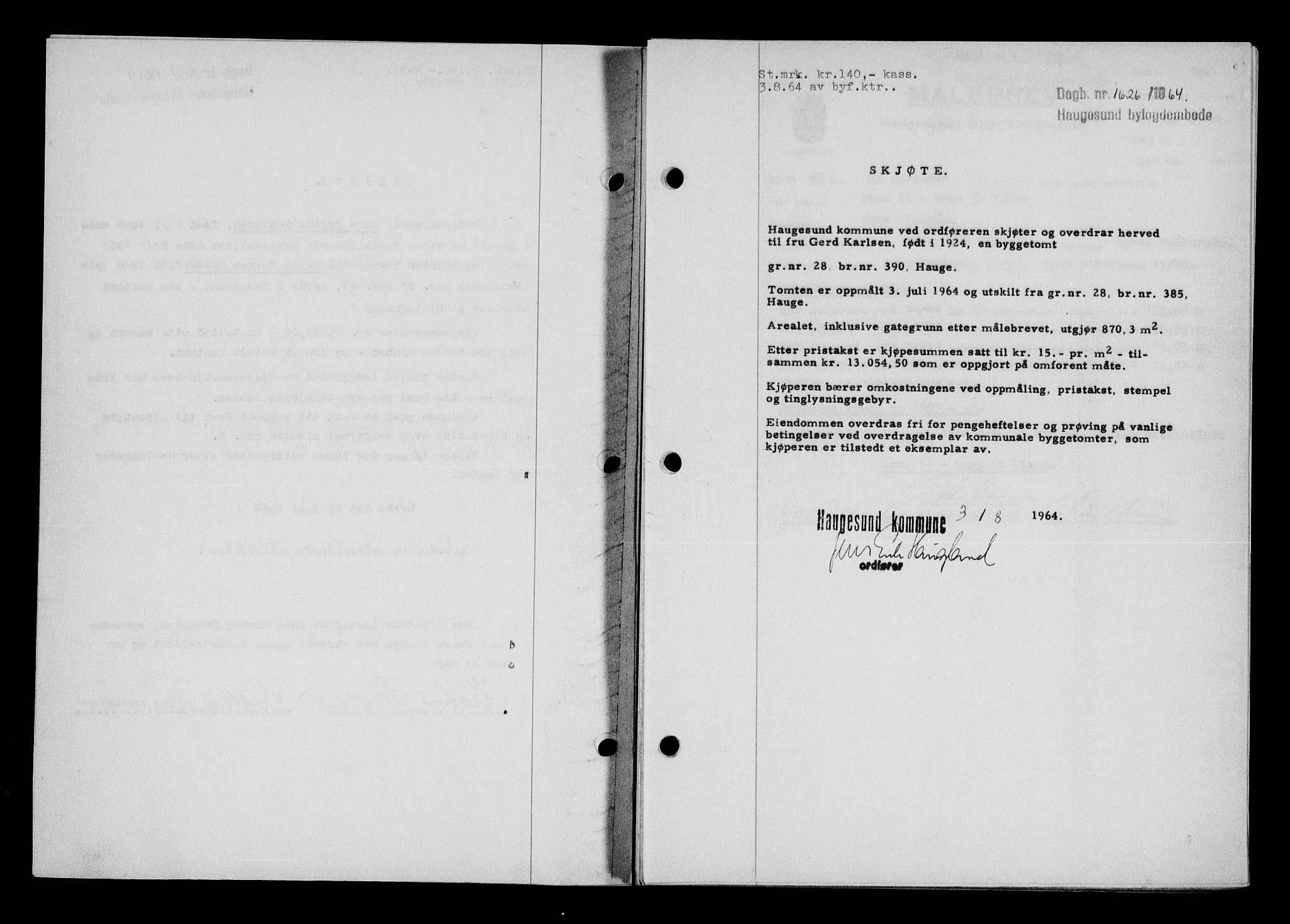 Haugesund tingrett, SAST/A-101415/01/II/IIC/L0075: Mortgage book no. A 16, 1964-1965, Diary no: : 1626/1964