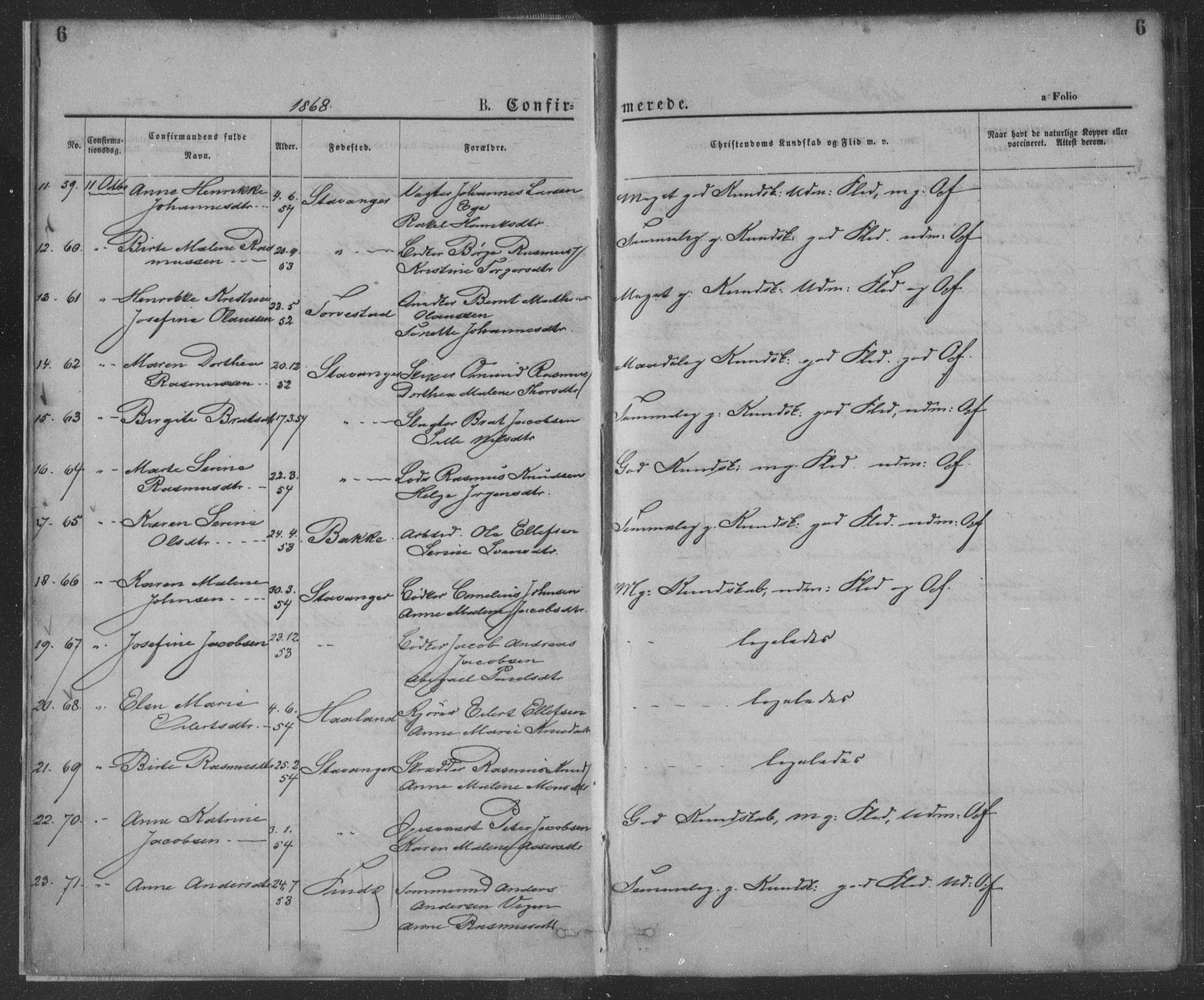 St. Petri sokneprestkontor, SAST/A-101813/001/30/30BA/L0009: Parish register (official) no. A 9, 1868-1875, p. 6