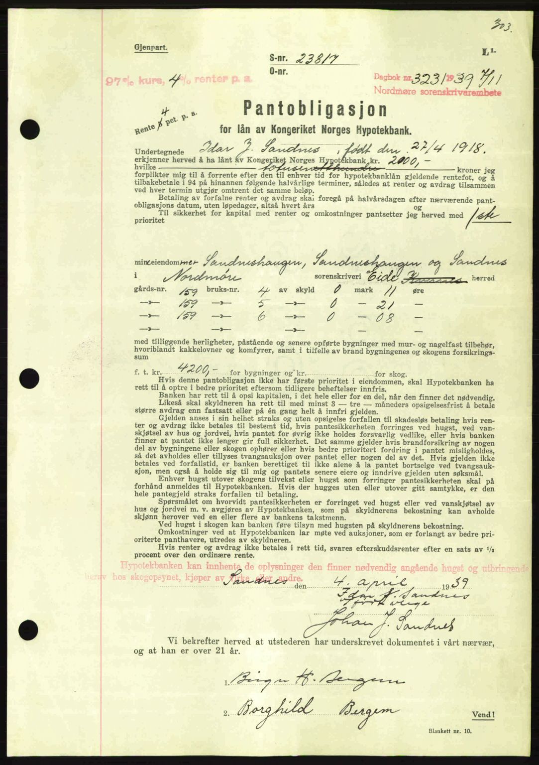 Nordmøre sorenskriveri, AV/SAT-A-4132/1/2/2Ca: Mortgage book no. B86, 1939-1940, Diary no: : 3231/1939