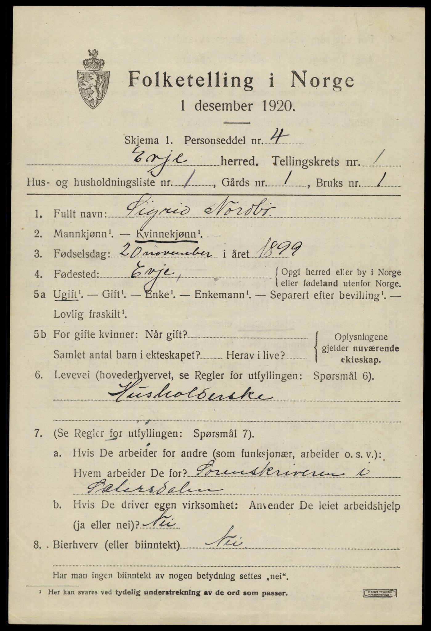 SAK, 1920 census for Evje, 1920, p. 540