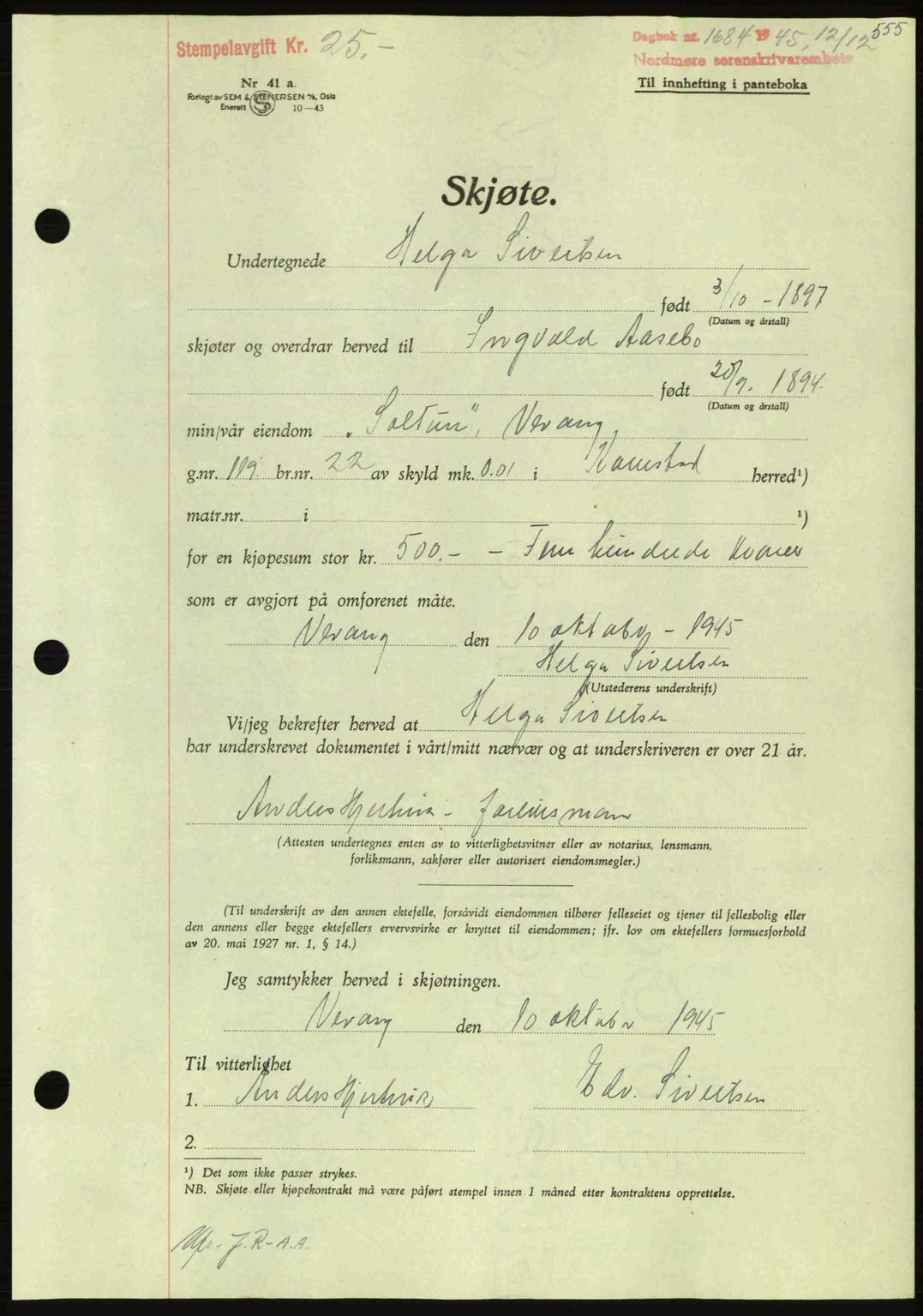 Nordmøre sorenskriveri, AV/SAT-A-4132/1/2/2Ca: Mortgage book no. A100a, 1945-1945, Diary no: : 1684/1945