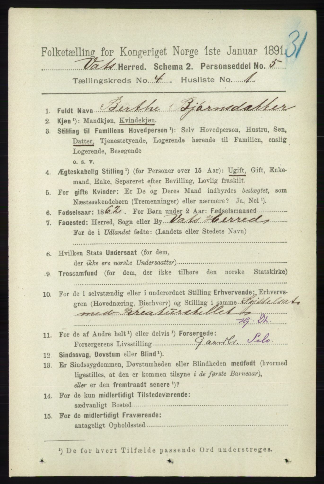 RA, 1891 census for 1155 Vats, 1891, p. 611