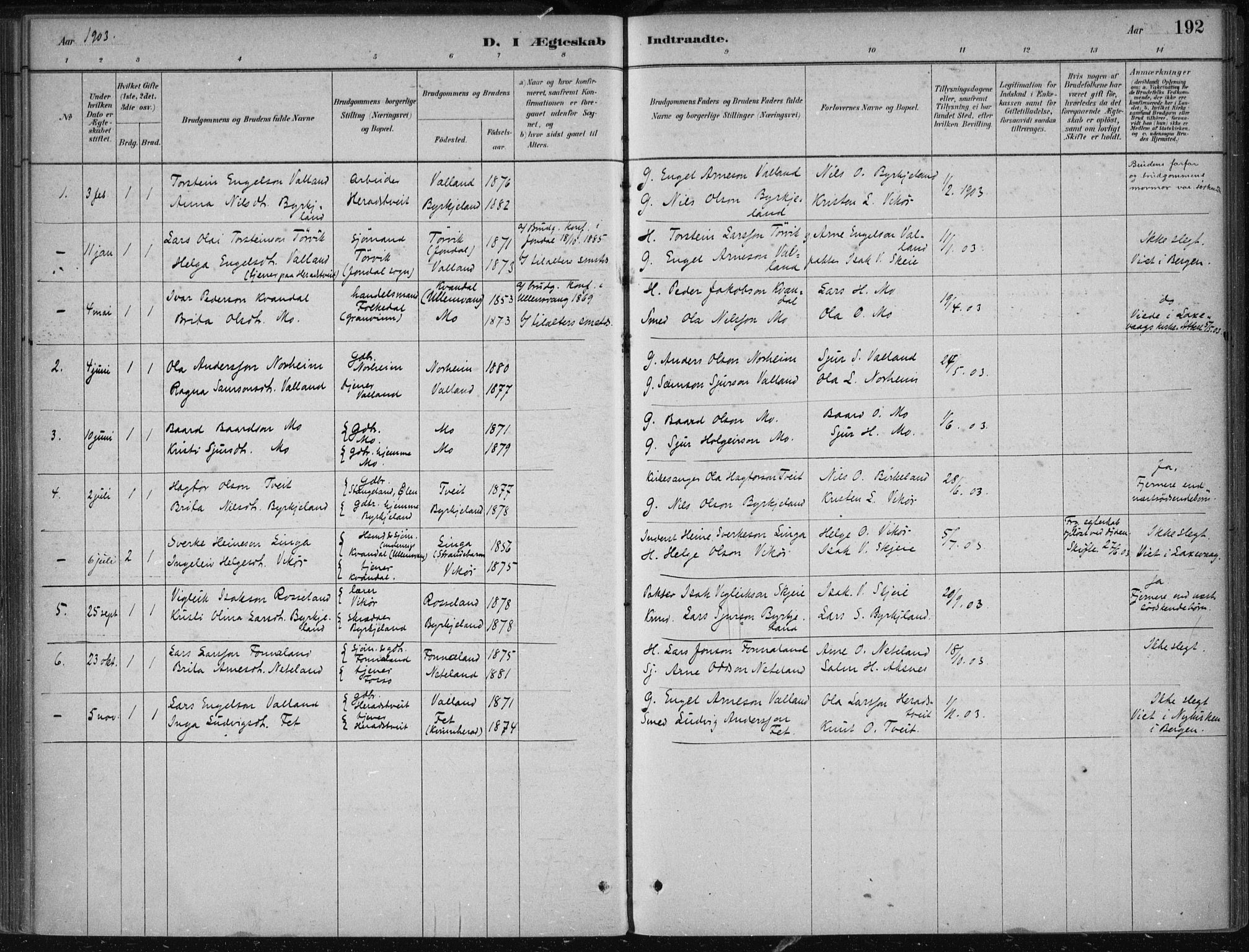 Kvam sokneprestembete, SAB/A-76201/H/Haa: Parish register (official) no. B  1, 1880-1908, p. 192