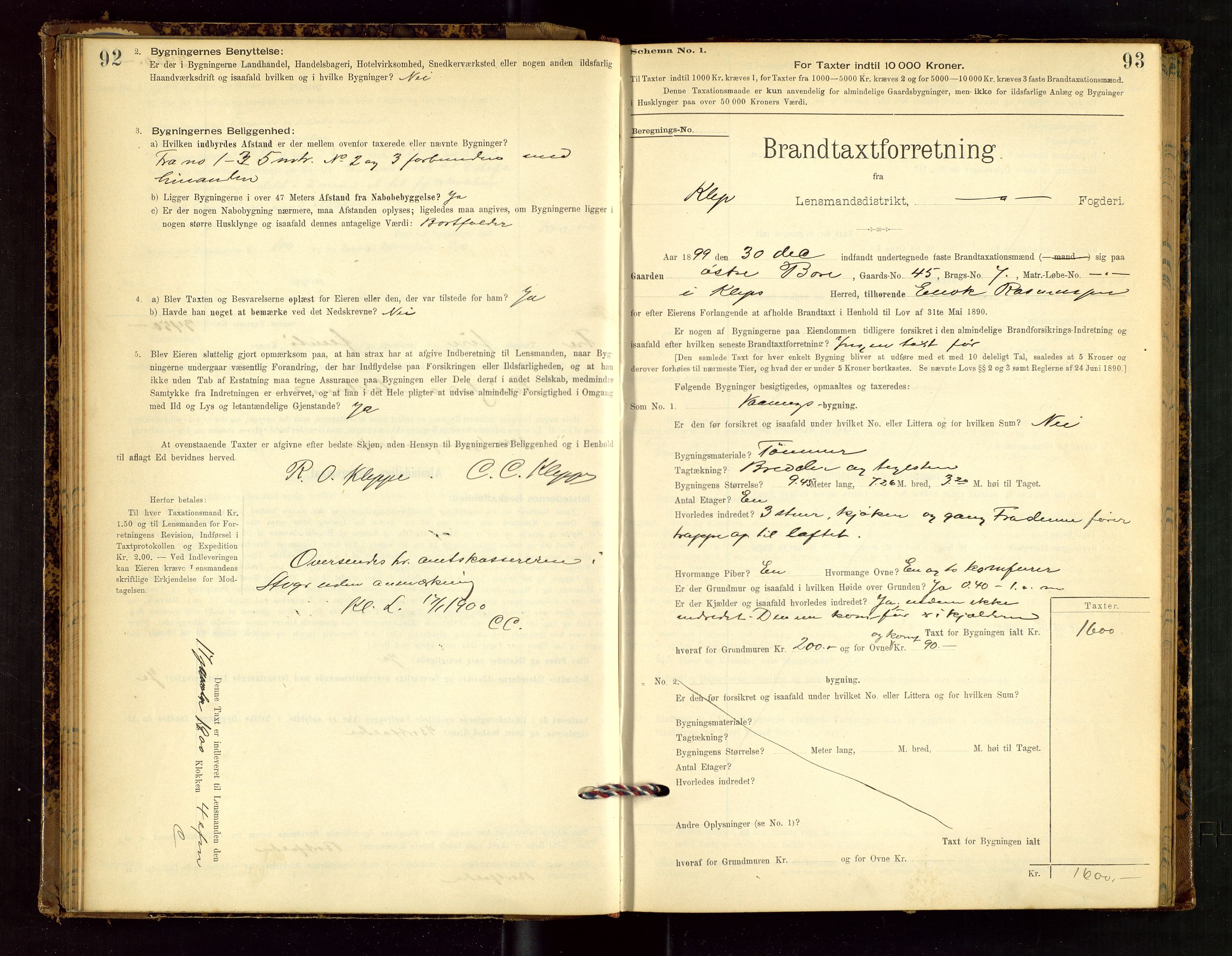 Klepp lensmannskontor, AV/SAST-A-100163/Goc/L0002: "Brandtaxationsprotokol" m/register, 1898-1902, p. 92-93