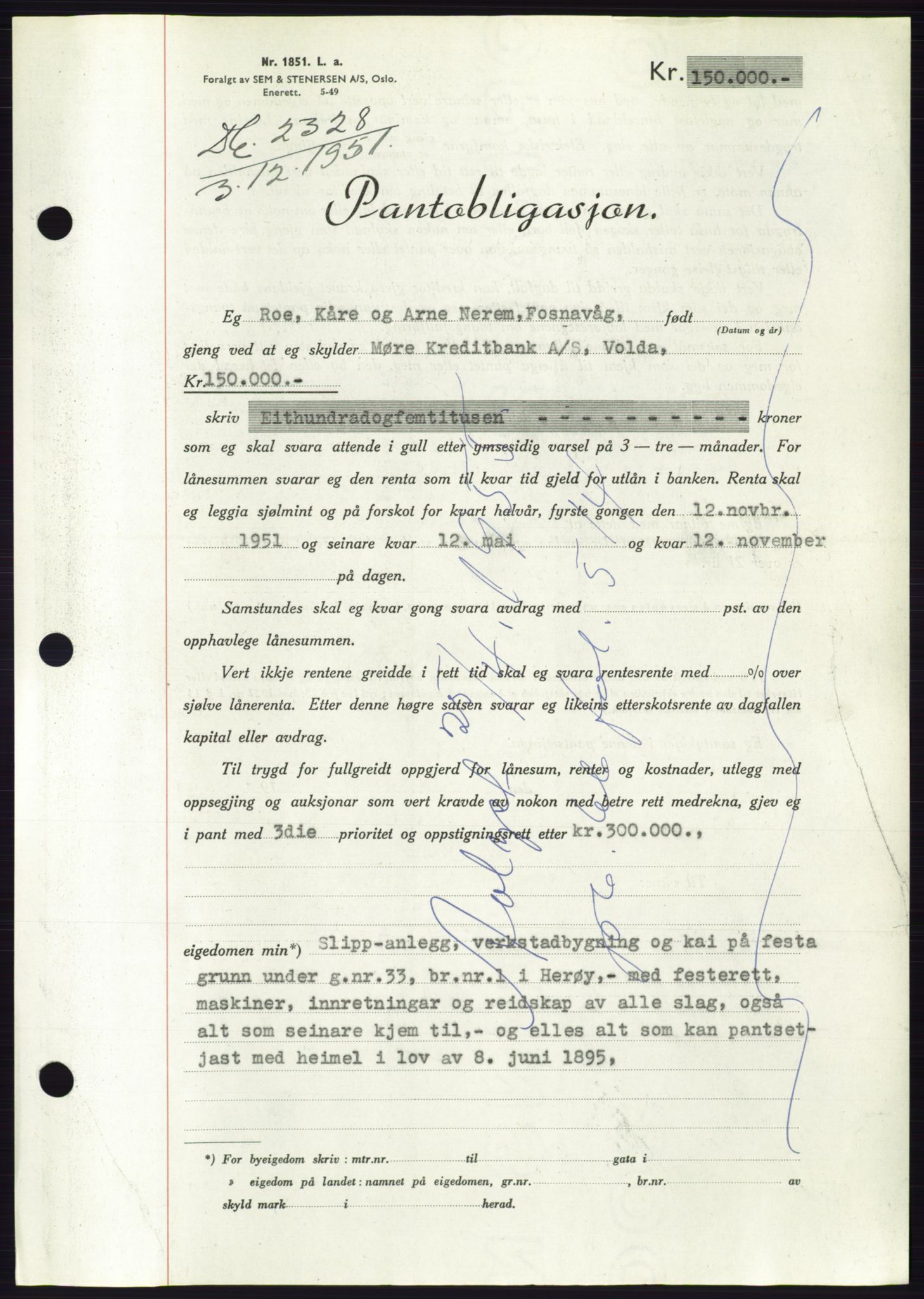 Søre Sunnmøre sorenskriveri, AV/SAT-A-4122/1/2/2C/L0120: Mortgage book no. 8B, 1951-1951, Diary no: : 2328/1951