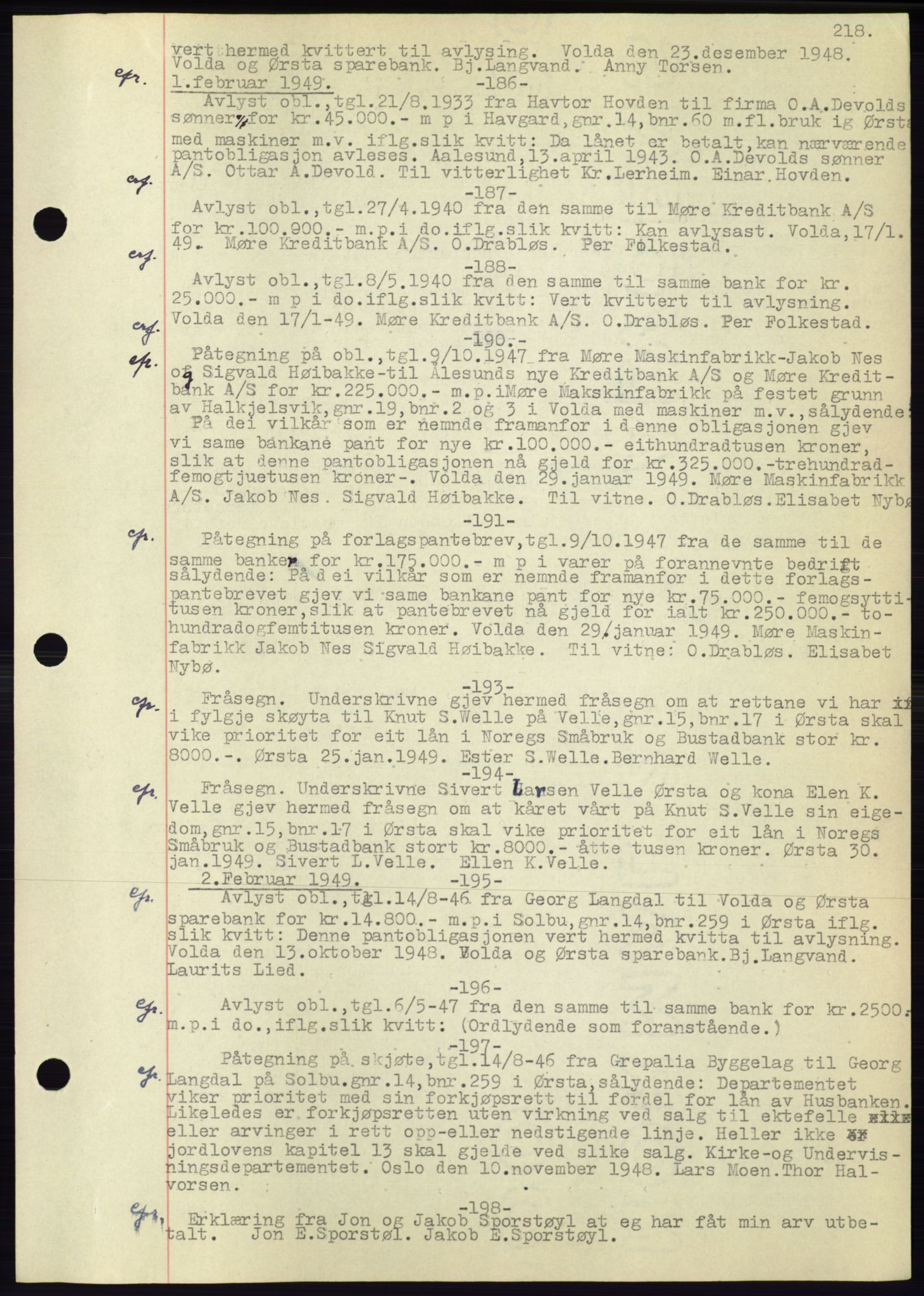 Søre Sunnmøre sorenskriveri, AV/SAT-A-4122/1/2/2C/L0072: Mortgage book no. 66, 1941-1955, Diary no: : 186/1949