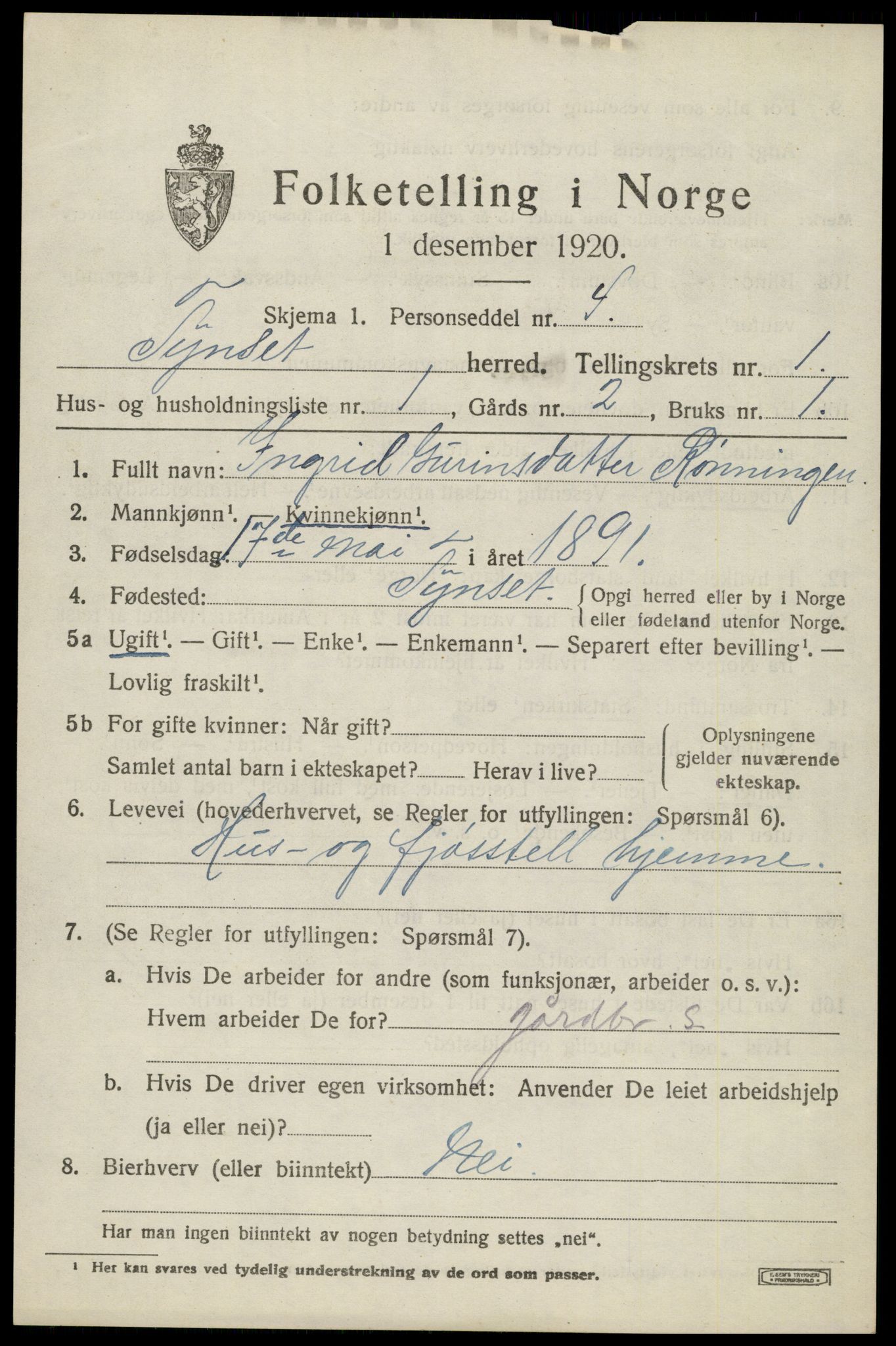 SAH, 1920 census for Tynset, 1920, p. 1542