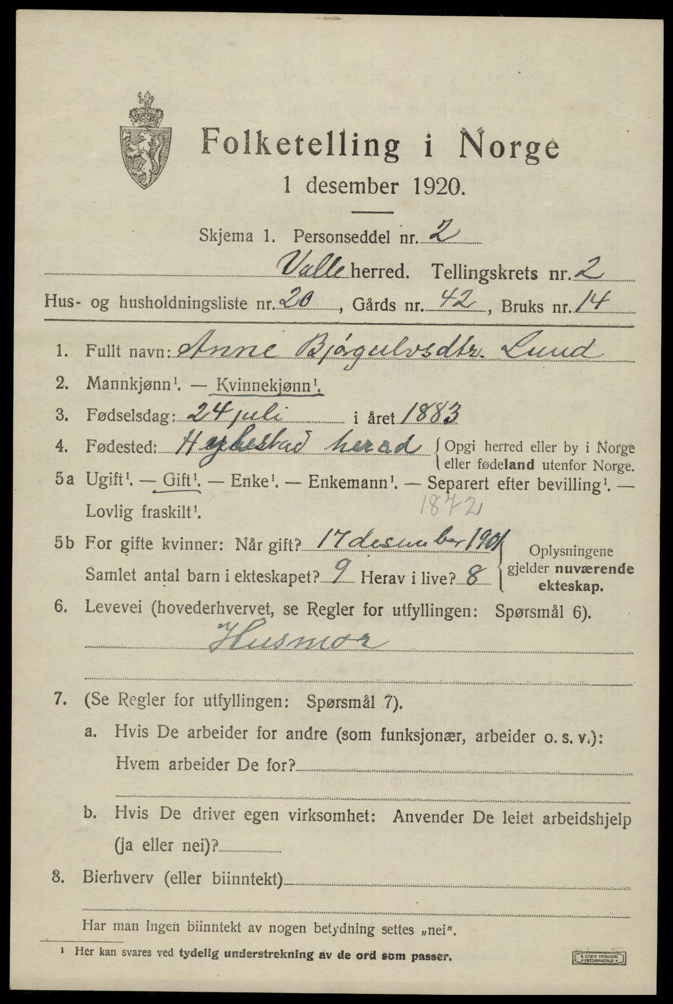 SAK, 1920 census for Valle, 1920, p. 1155