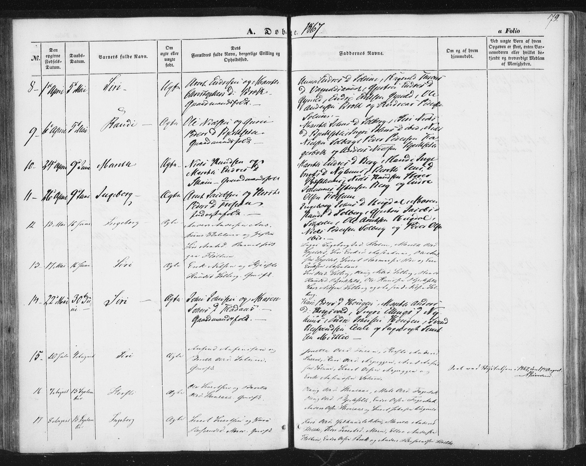 Ministerialprotokoller, klokkerbøker og fødselsregistre - Sør-Trøndelag, SAT/A-1456/689/L1038: Parish register (official) no. 689A03, 1848-1872, p. 79