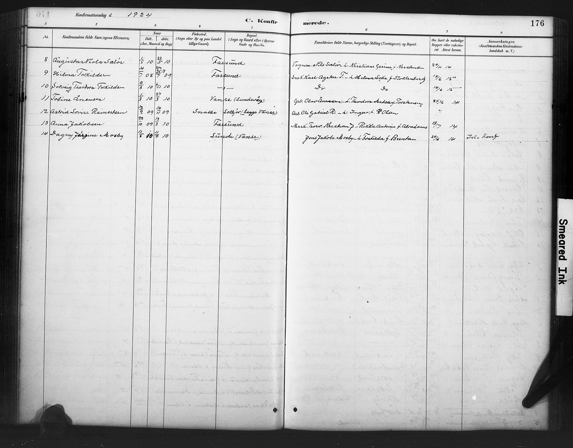 Farsund sokneprestkontor, AV/SAK-1111-0009/F/Fb/L0001: Parish register (copy) no. B 1, 1886-1931, p. 176