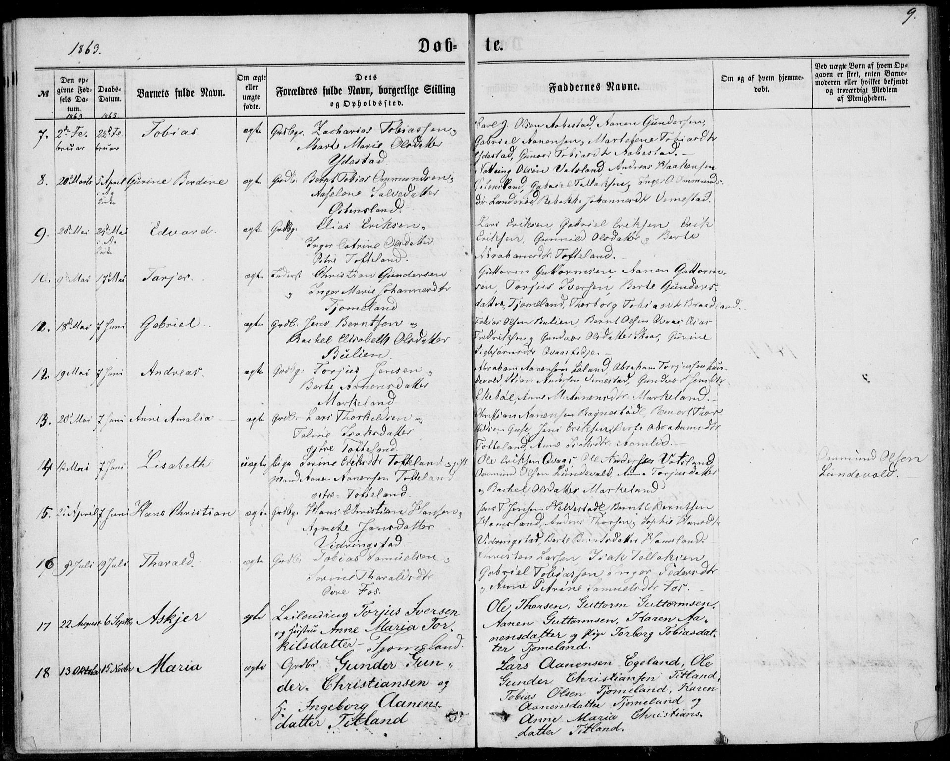 Lyngdal sokneprestkontor, SAK/1111-0029/F/Fa/Fab/L0002: Parish register (official) no. A 2, 1861-1878, p. 9