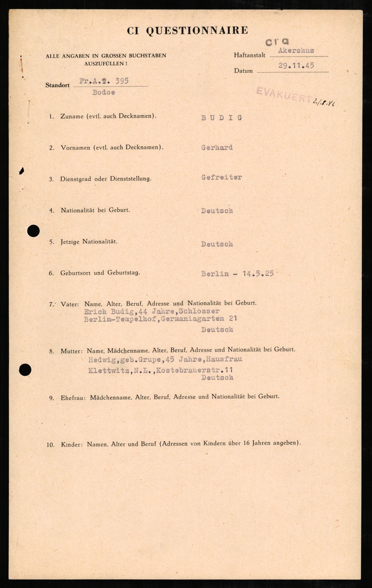 Forsvaret, Forsvarets overkommando II, AV/RA-RAFA-3915/D/Db/L0004: CI Questionaires. Tyske okkupasjonsstyrker i Norge. Tyskere., 1945-1946, p. 445