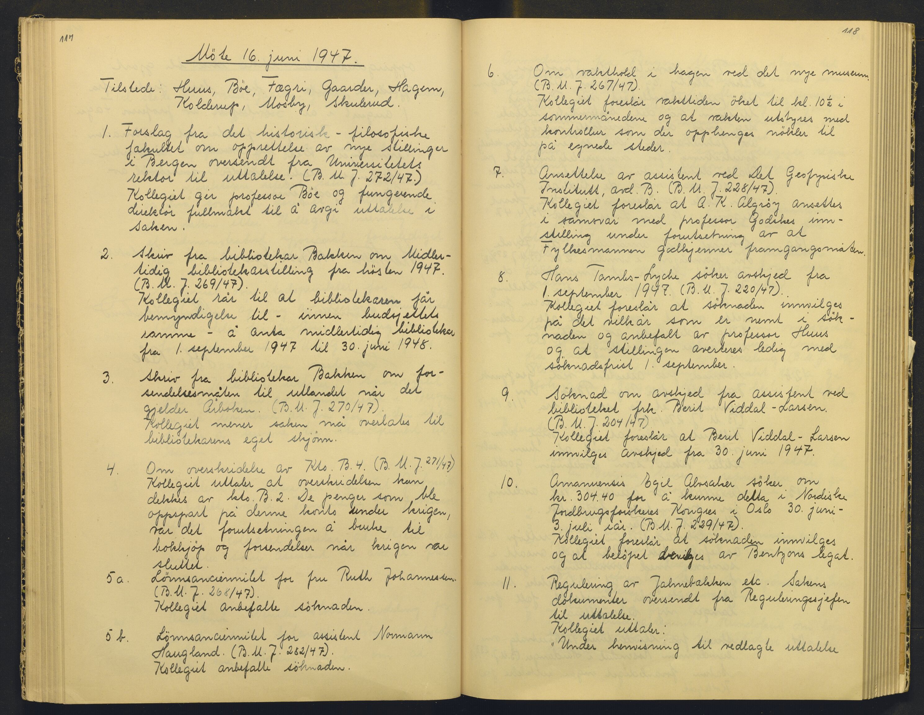 Bergens Museum, AV/SAB-A-17301/18/A/L0004: Professorkollegiets møtebok med register , 1945-1949, p. 117-118