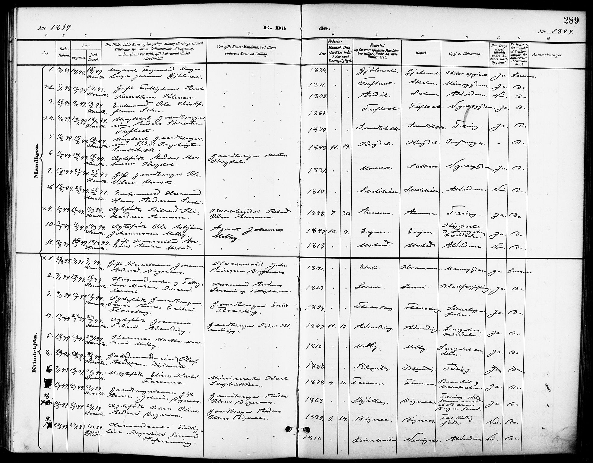 Ministerialprotokoller, klokkerbøker og fødselsregistre - Sør-Trøndelag, SAT/A-1456/668/L0819: Parish register (copy) no. 668C08, 1899-1912, p. 289