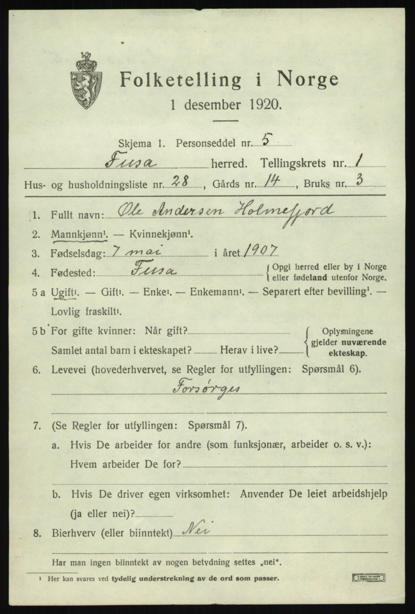 SAB, 1920 census for Fusa, 1920, p. 801