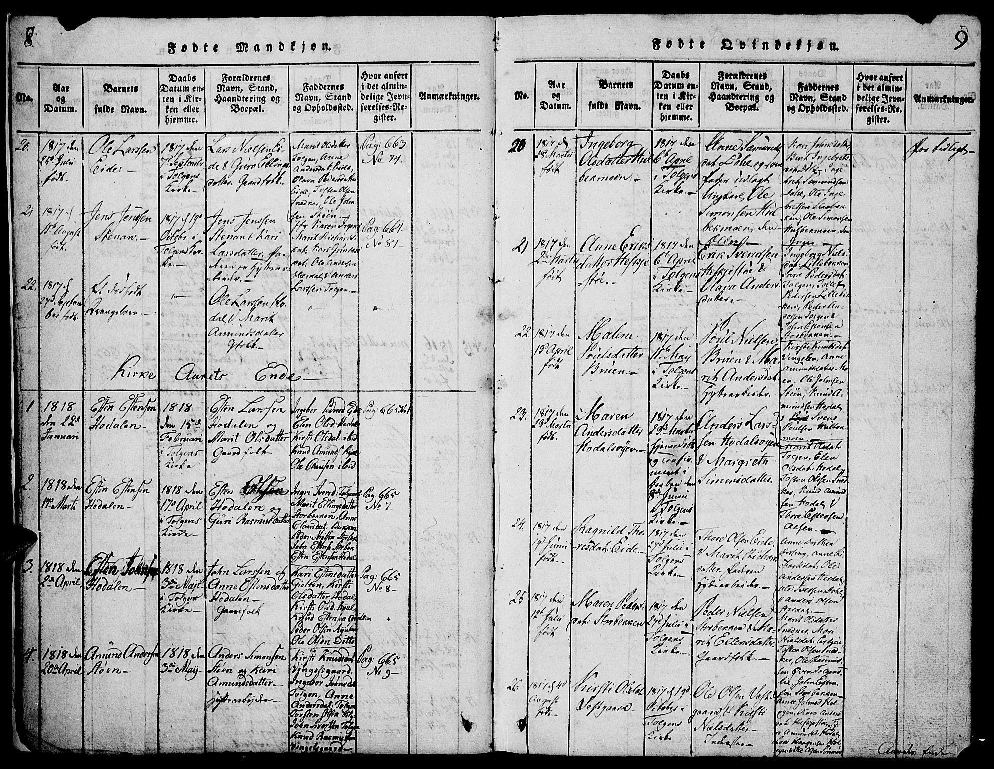 Tolga prestekontor, AV/SAH-PREST-062/L/L0001: Parish register (copy) no. 1, 1814-1877, p. 8-9