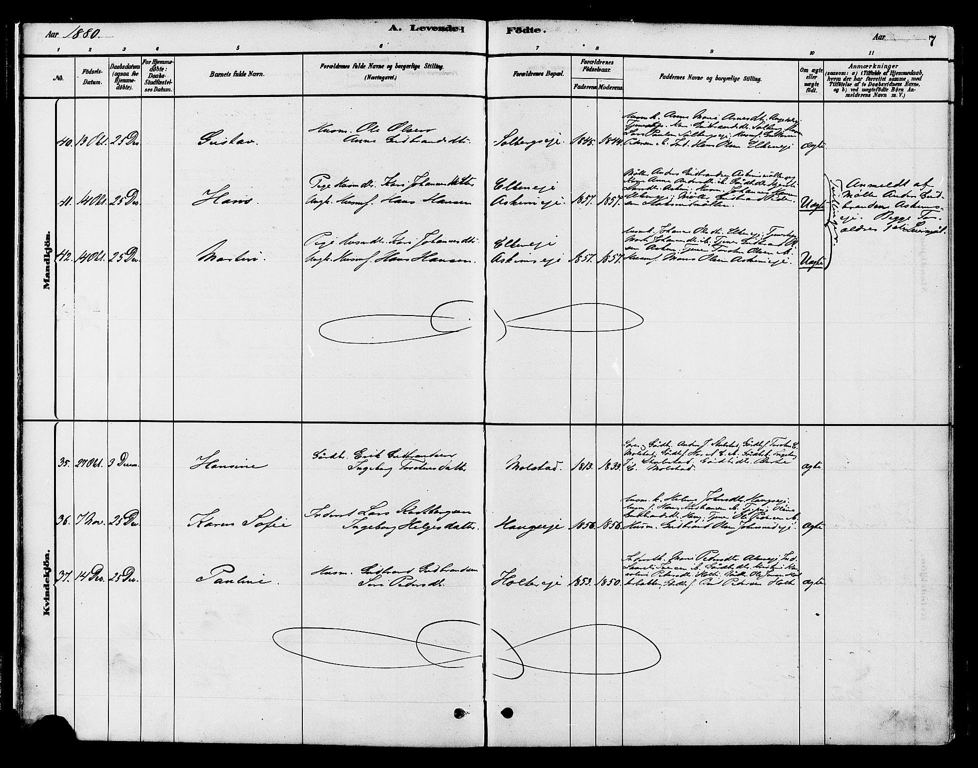 Gran prestekontor, SAH/PREST-112/H/Ha/Haa/L0016: Parish register (official) no. 16, 1880-1888, p. 7