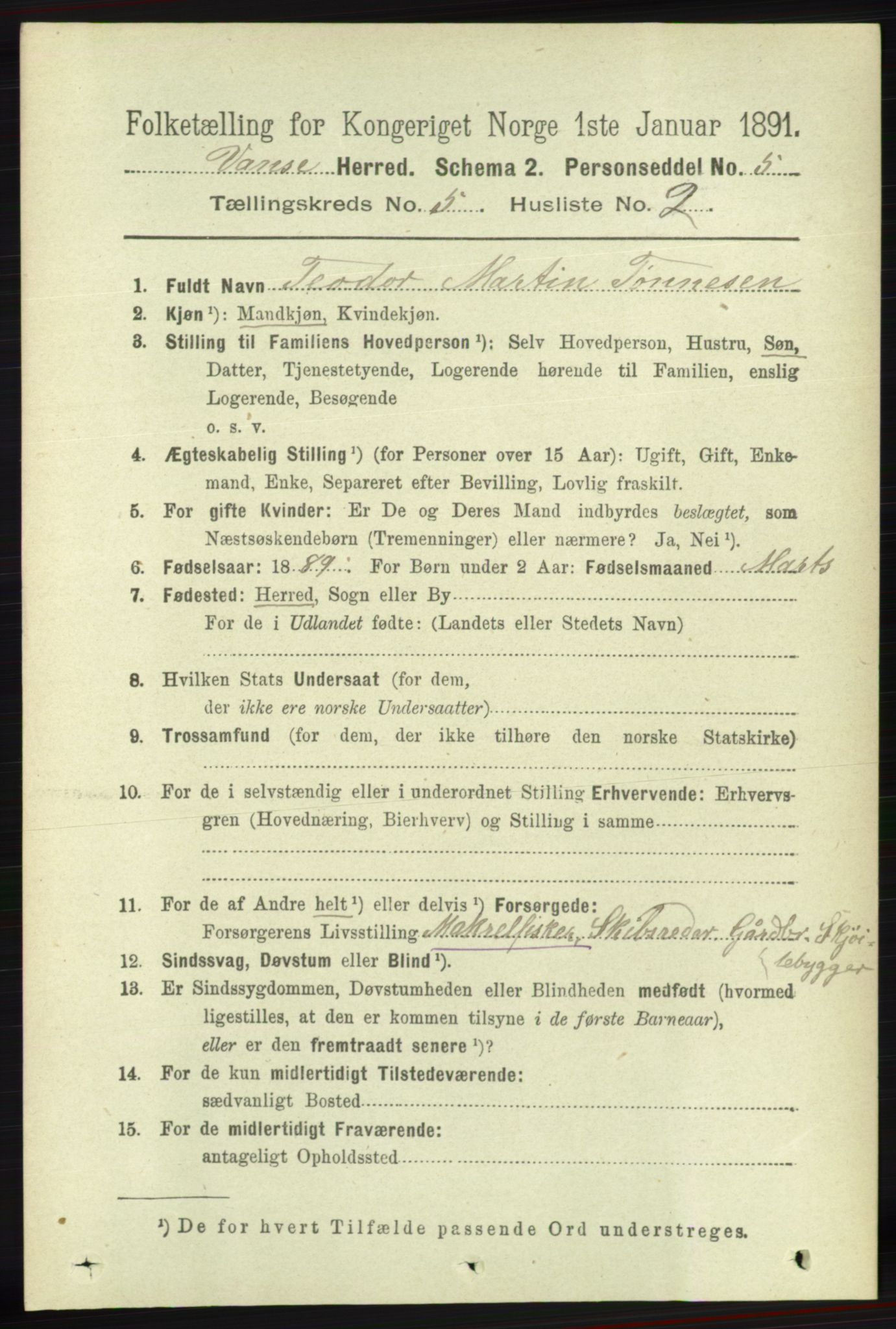 RA, 1891 census for 1041 Vanse, 1891, p. 2805