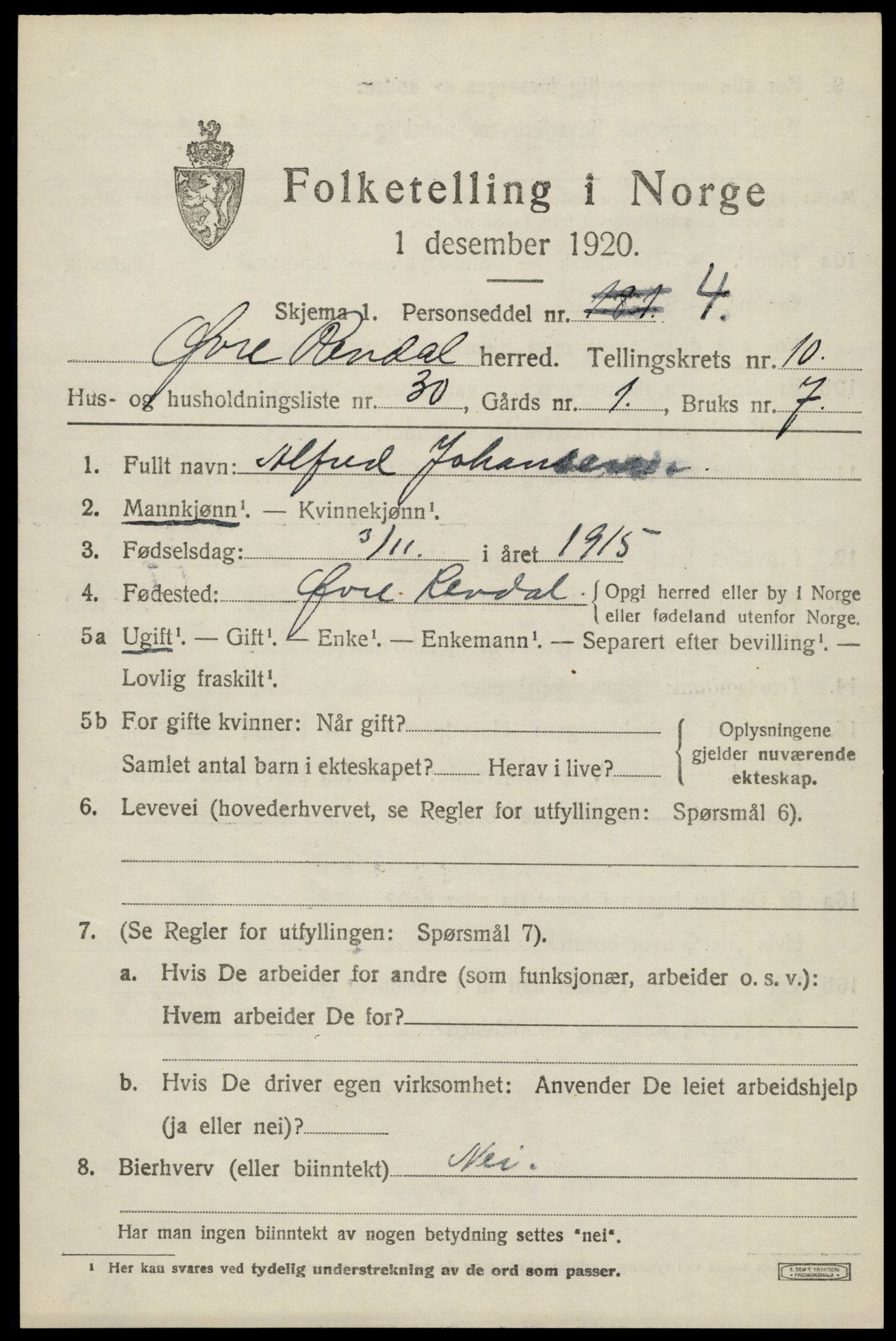 SAH, 1920 census for Øvre Rendal, 1920, p. 4273