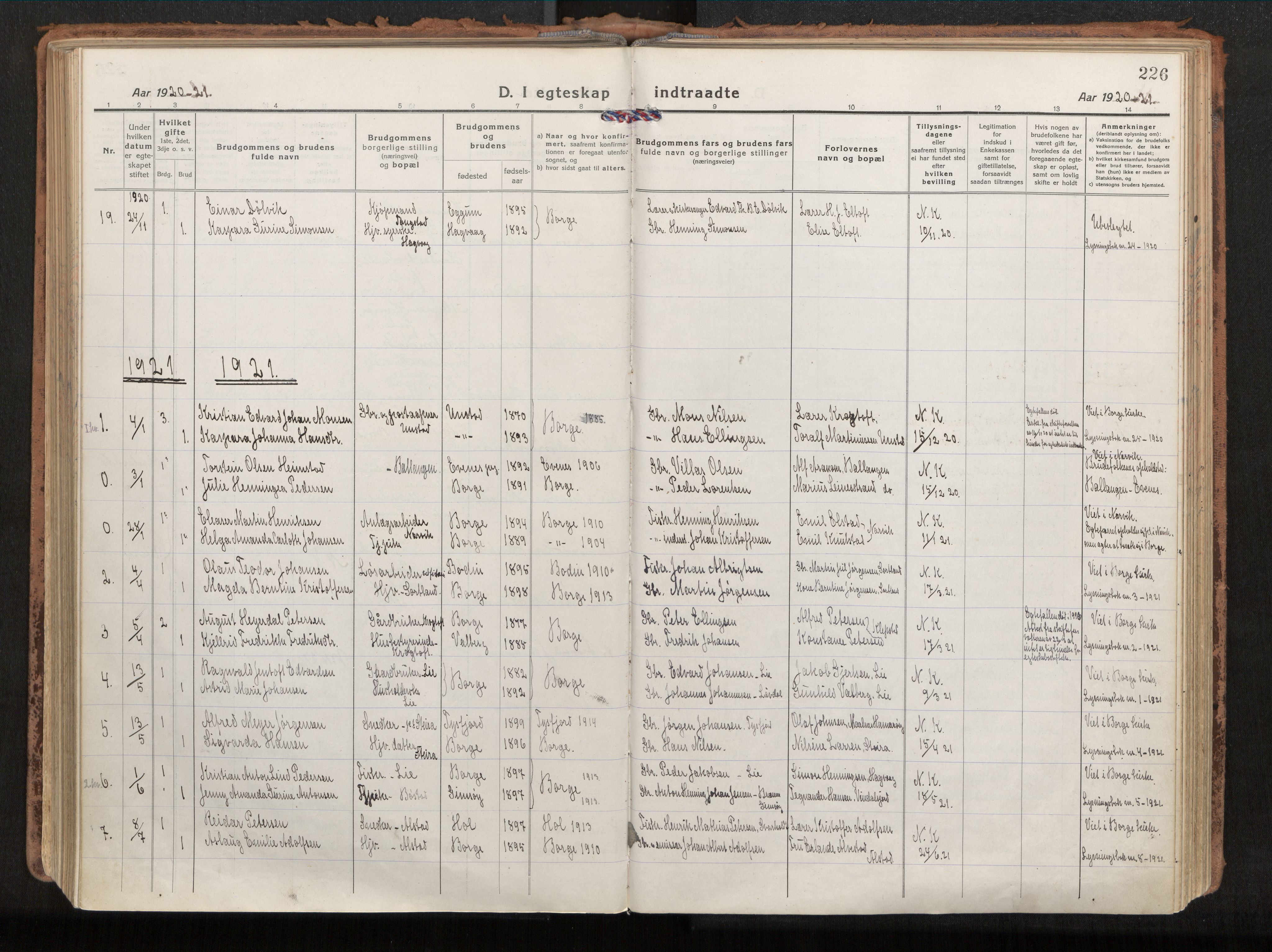 Ministerialprotokoller, klokkerbøker og fødselsregistre - Nordland, SAT/A-1459/880/L1136: Parish register (official) no. 880A10, 1919-1927, p. 226