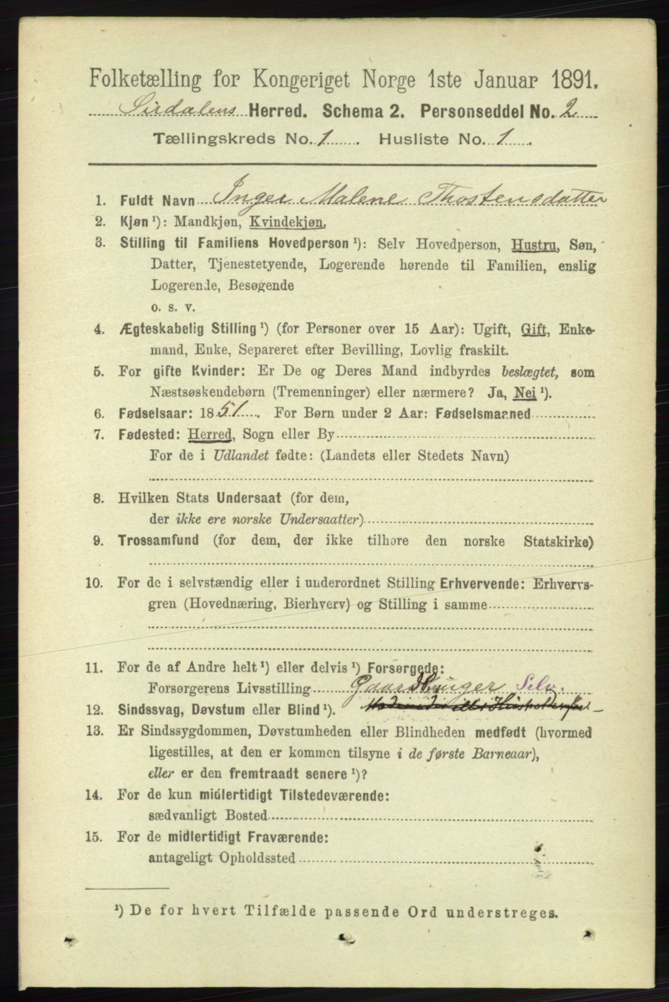 RA, 1891 census for 1046 Sirdal, 1891, p. 62