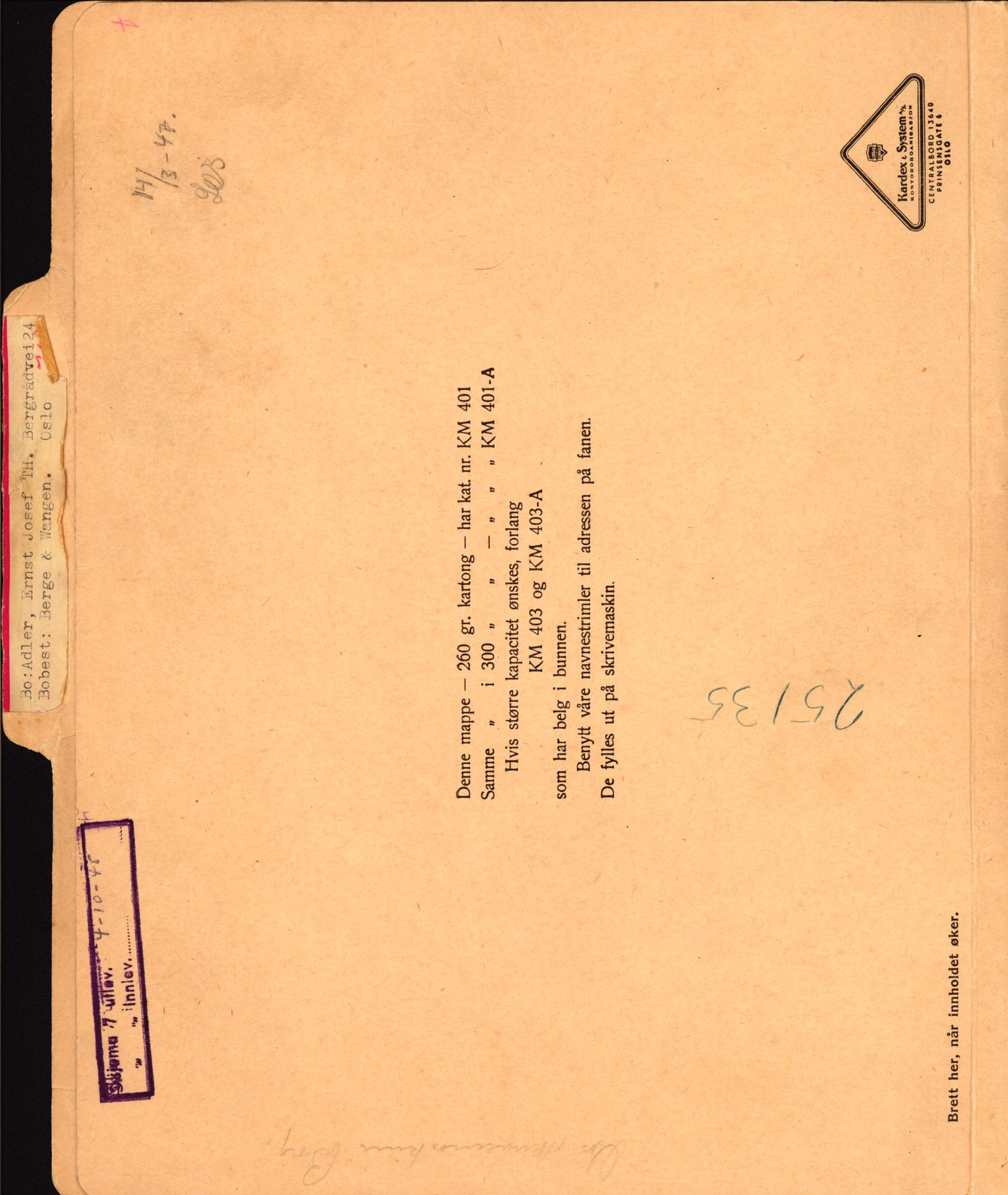 Justisdepartementet, Tilbakeføringskontoret for inndratte formuer, AV/RA-S-1564/H/Hc/Hcc/L0917: --, 1945-1947, p. 1